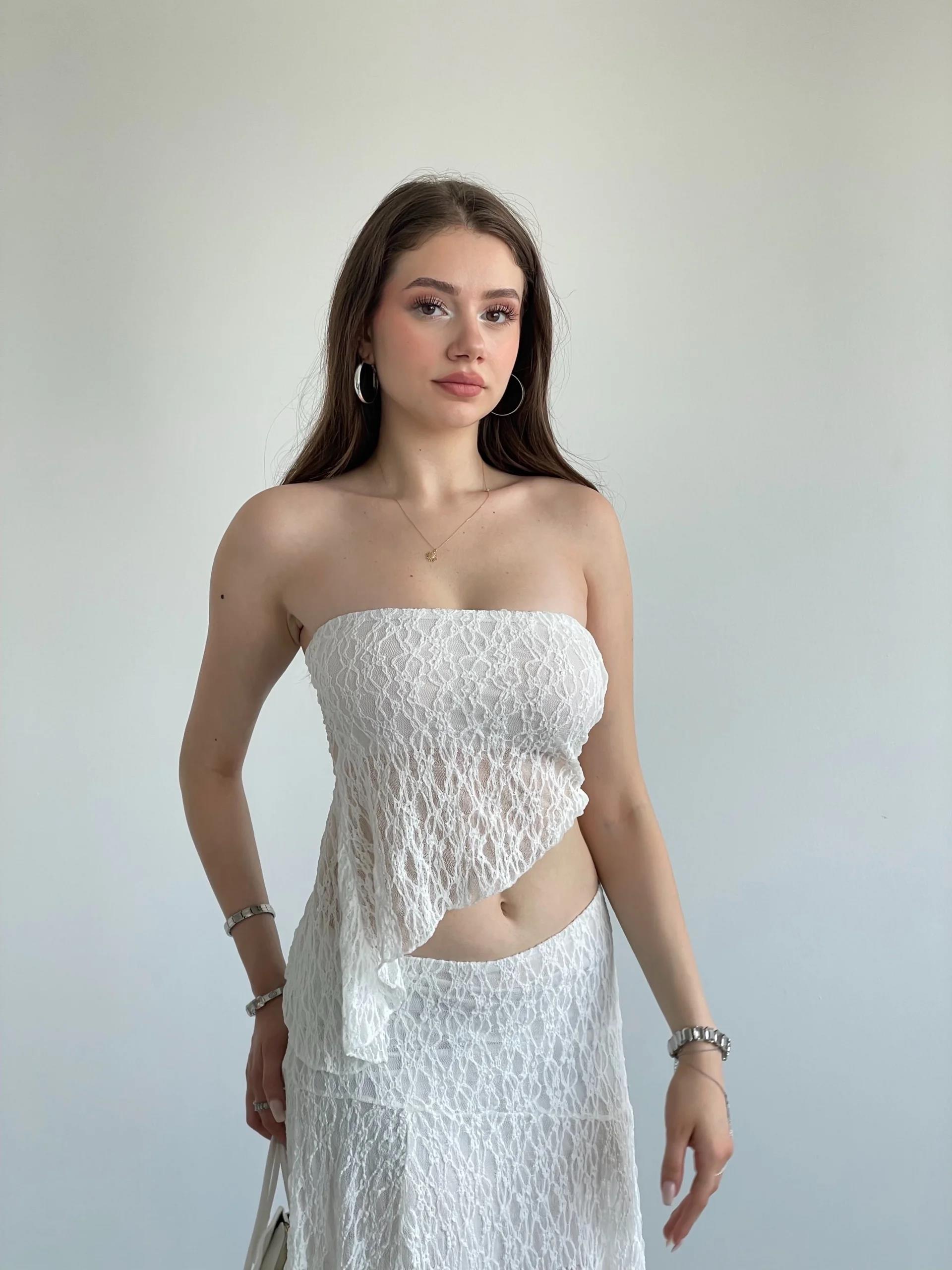 Asimetrik Dantelli Crop Takım