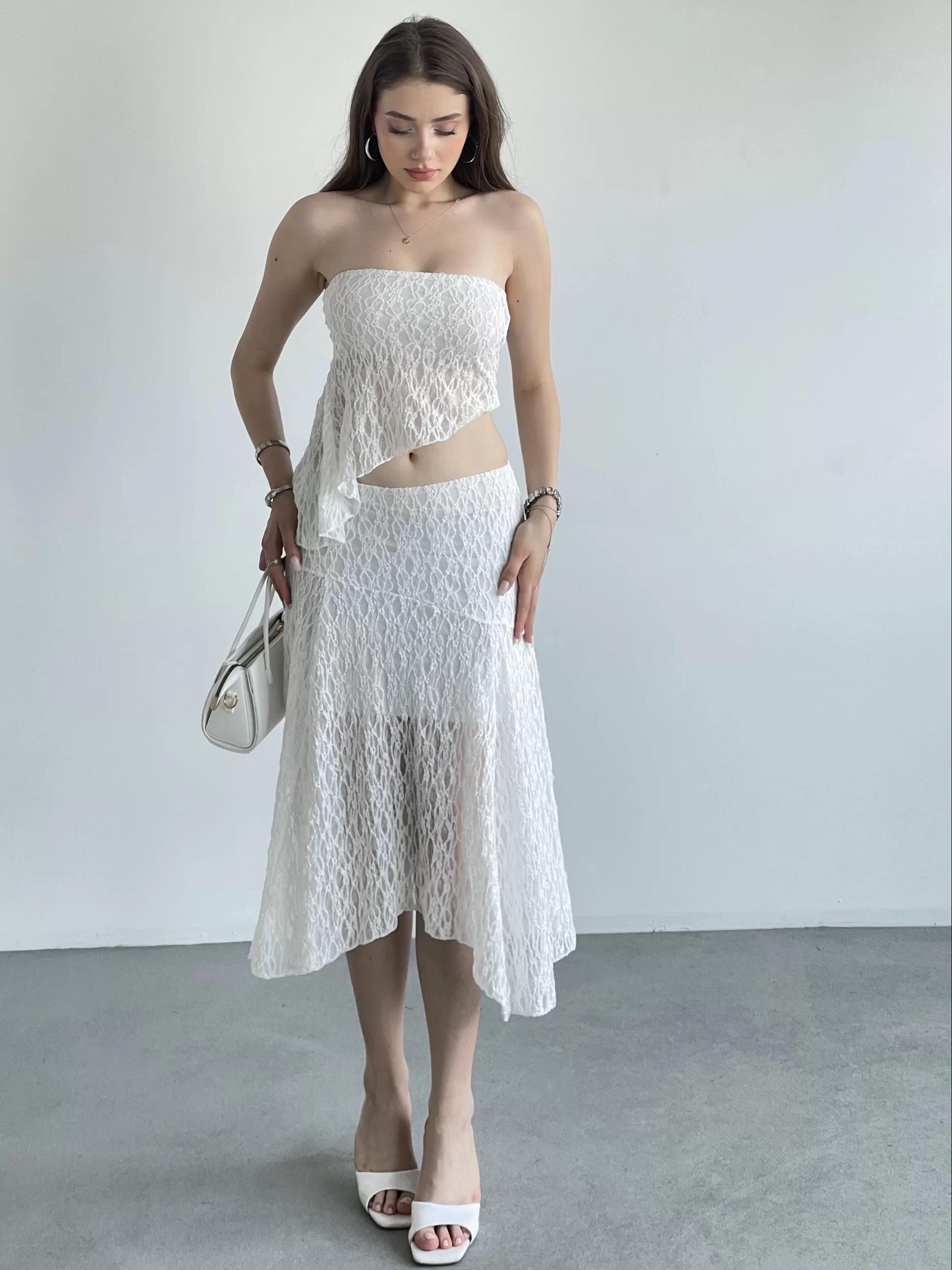 Asimetrik Dantelli Crop Takım