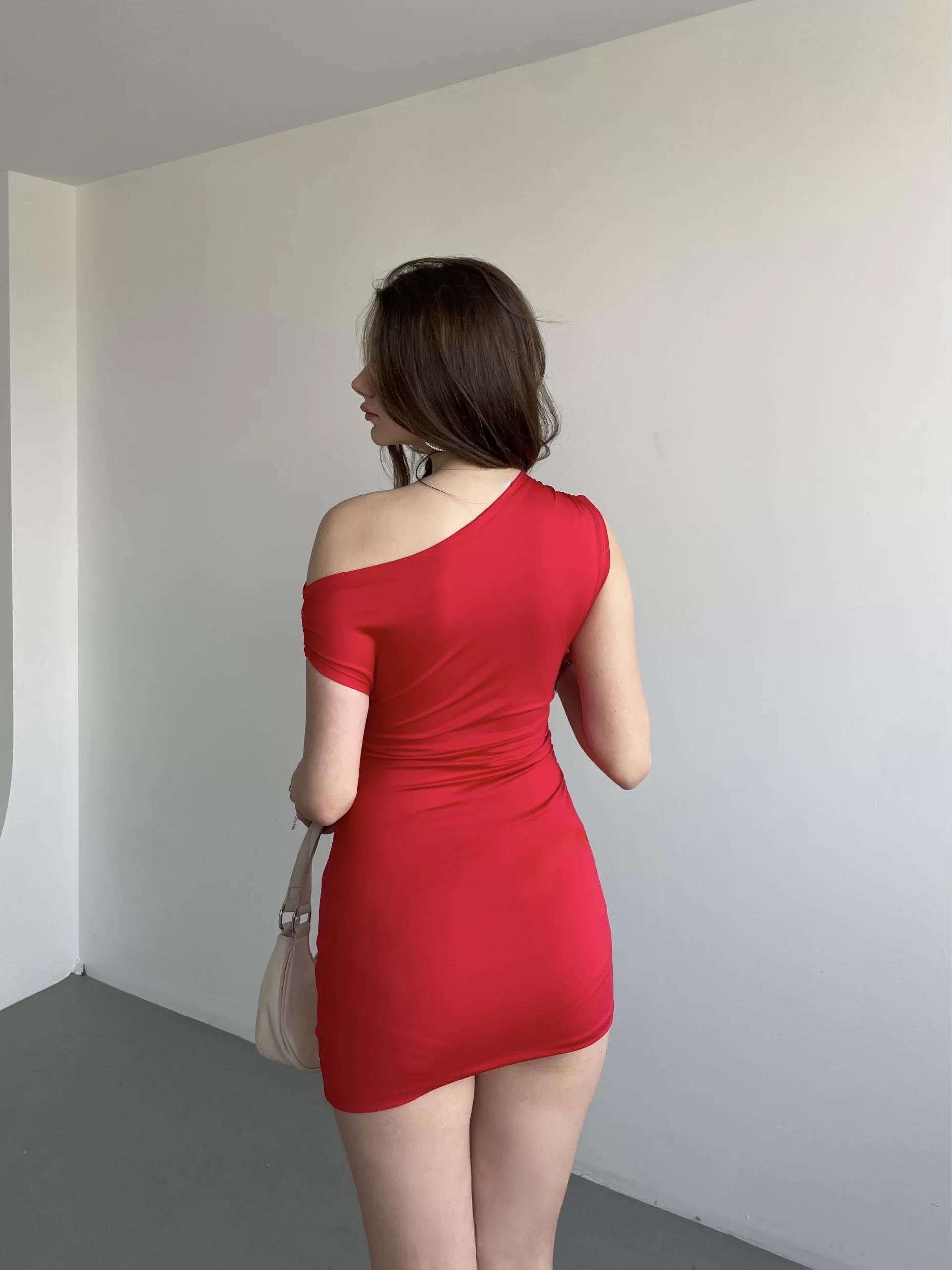 Asimetrik Poliamid Mini Elbise