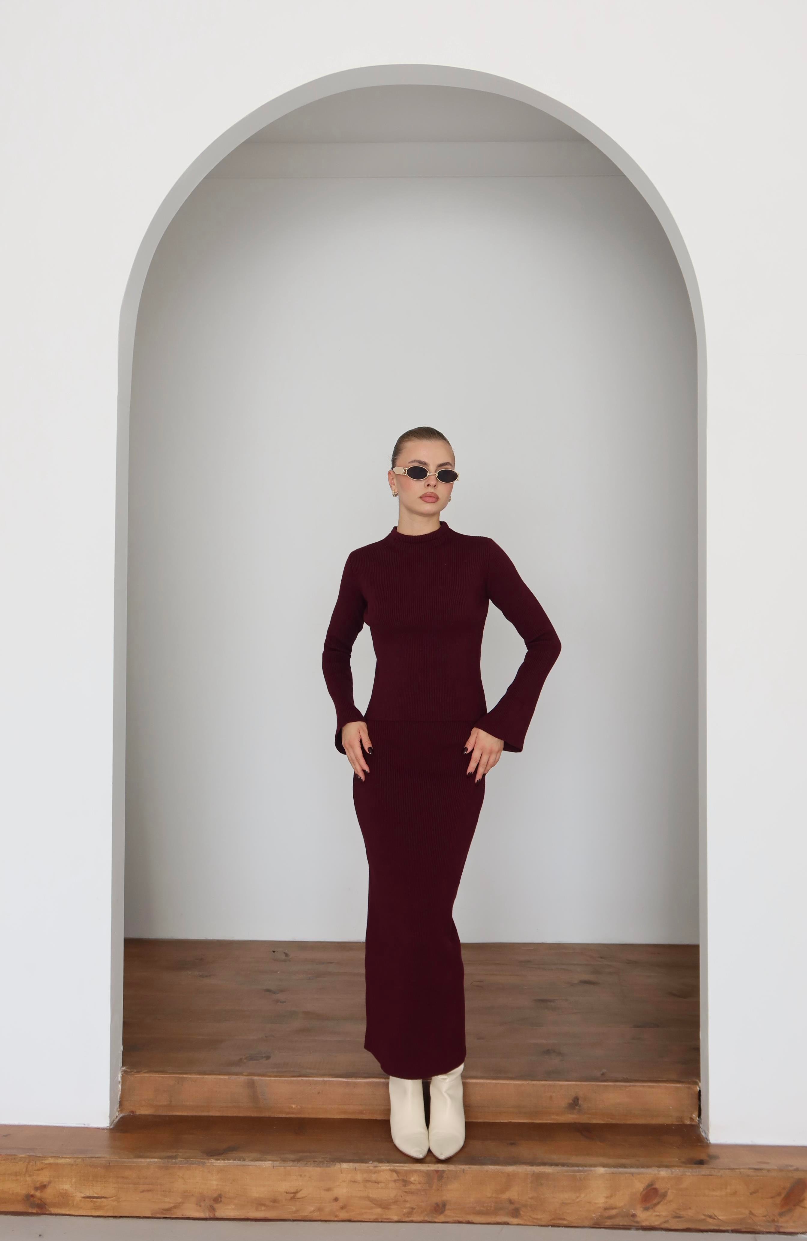 Basic Triko Etek Takım Bordo