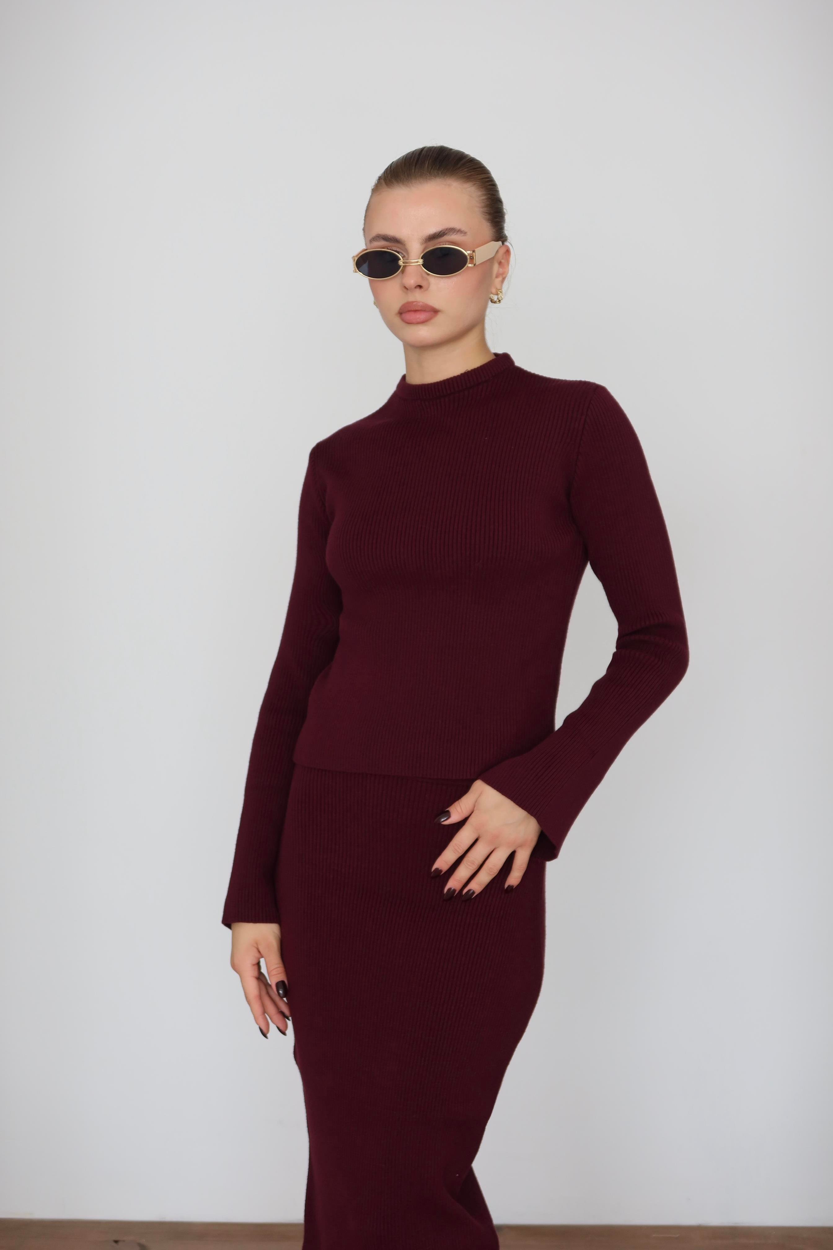 Basic Triko Etek Takım Bordo