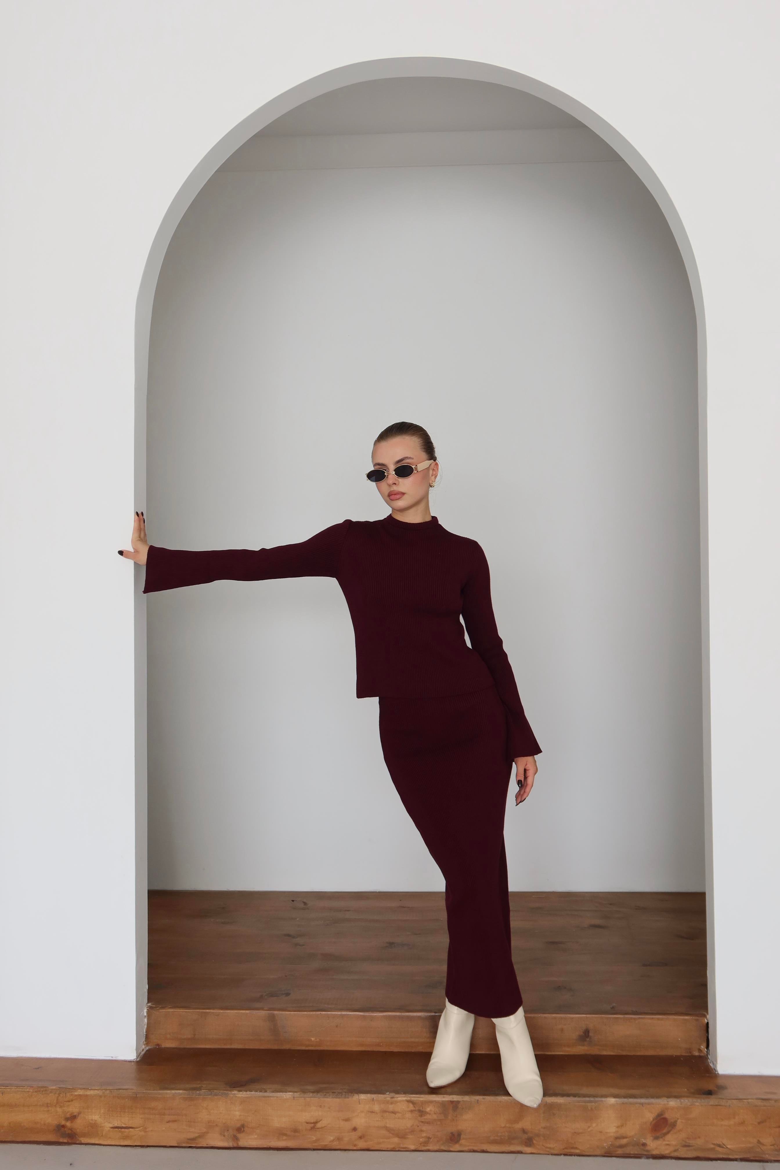 Basic Triko Etek Takım Bordo