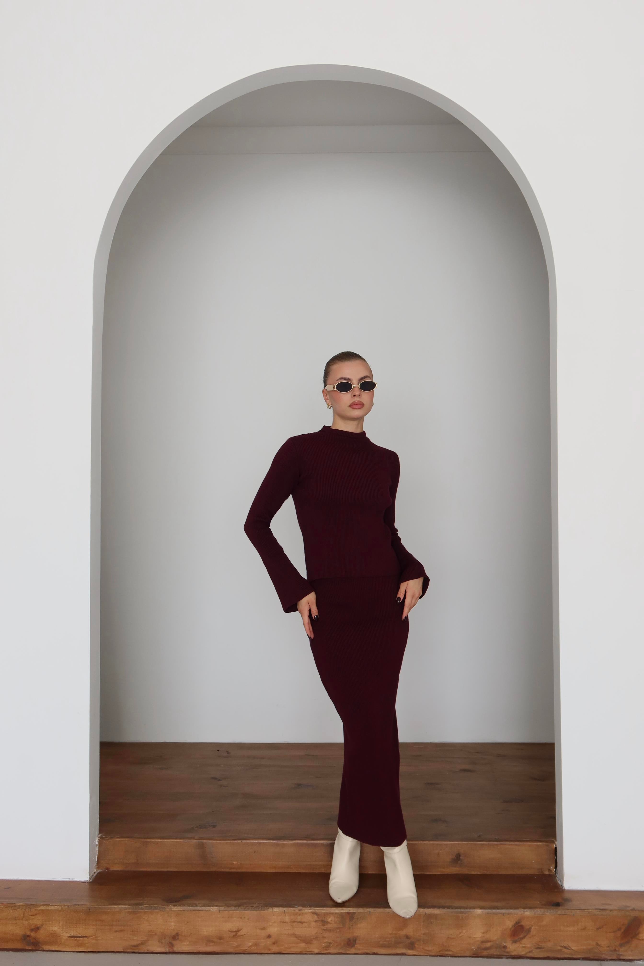 Basic Triko Etek Takım Bordo