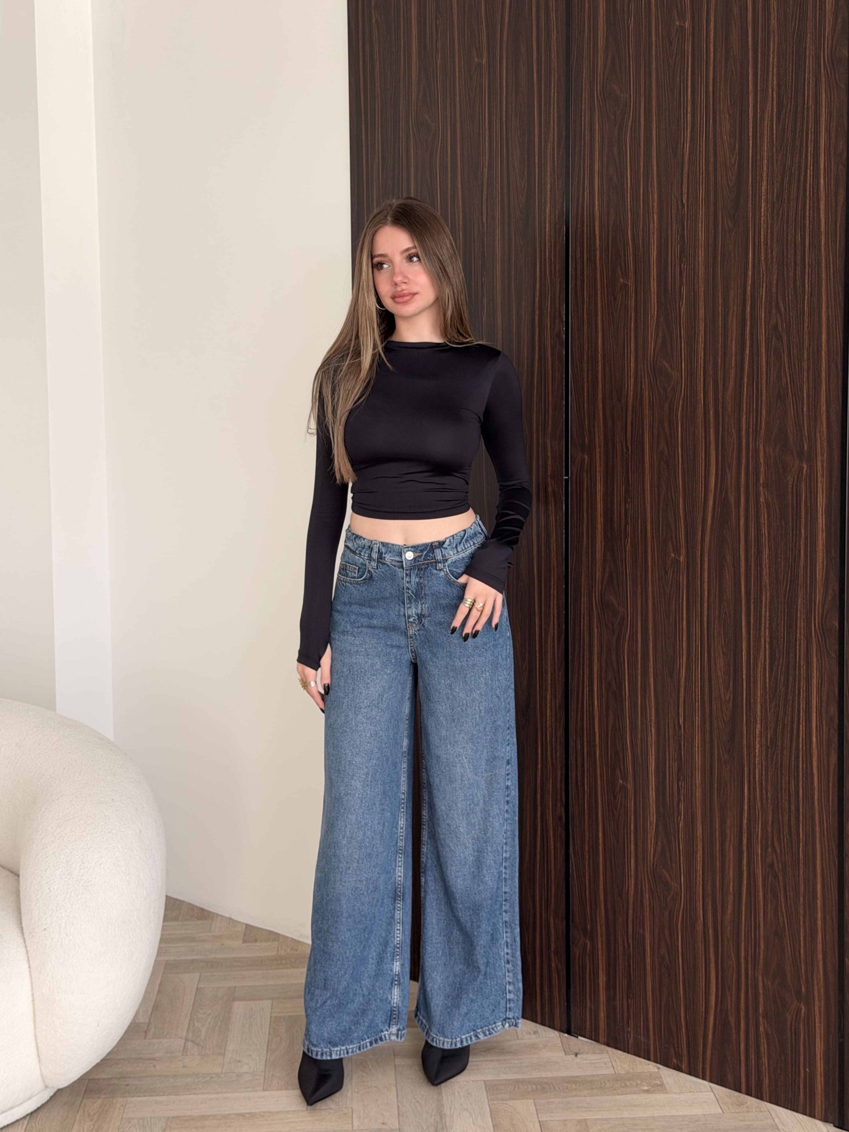 Bel Lastikli Wide Leg Jean