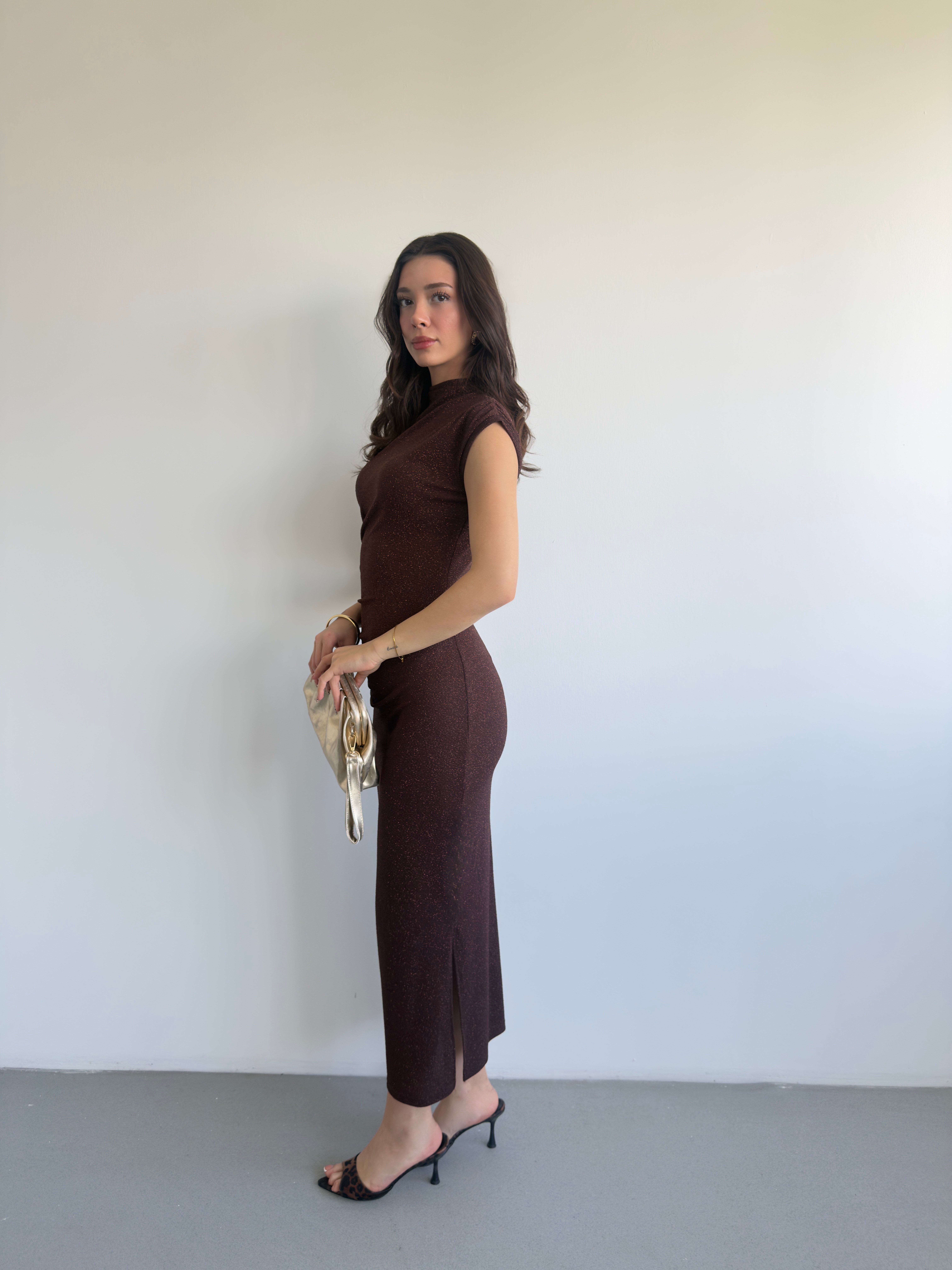 Boğazlı Drapeli Simli Elbise