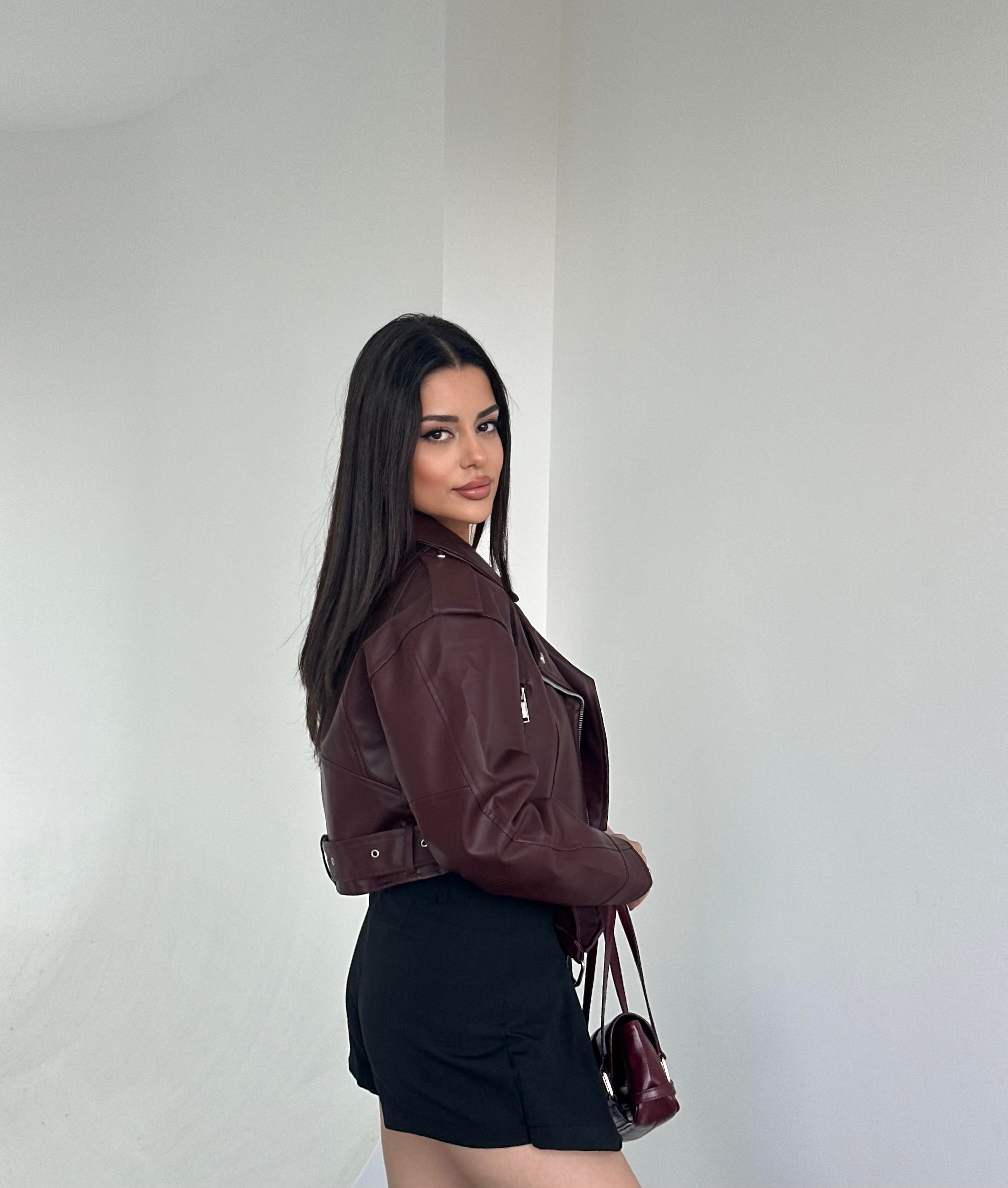 Bordo Kruvaze Deri Ceket 