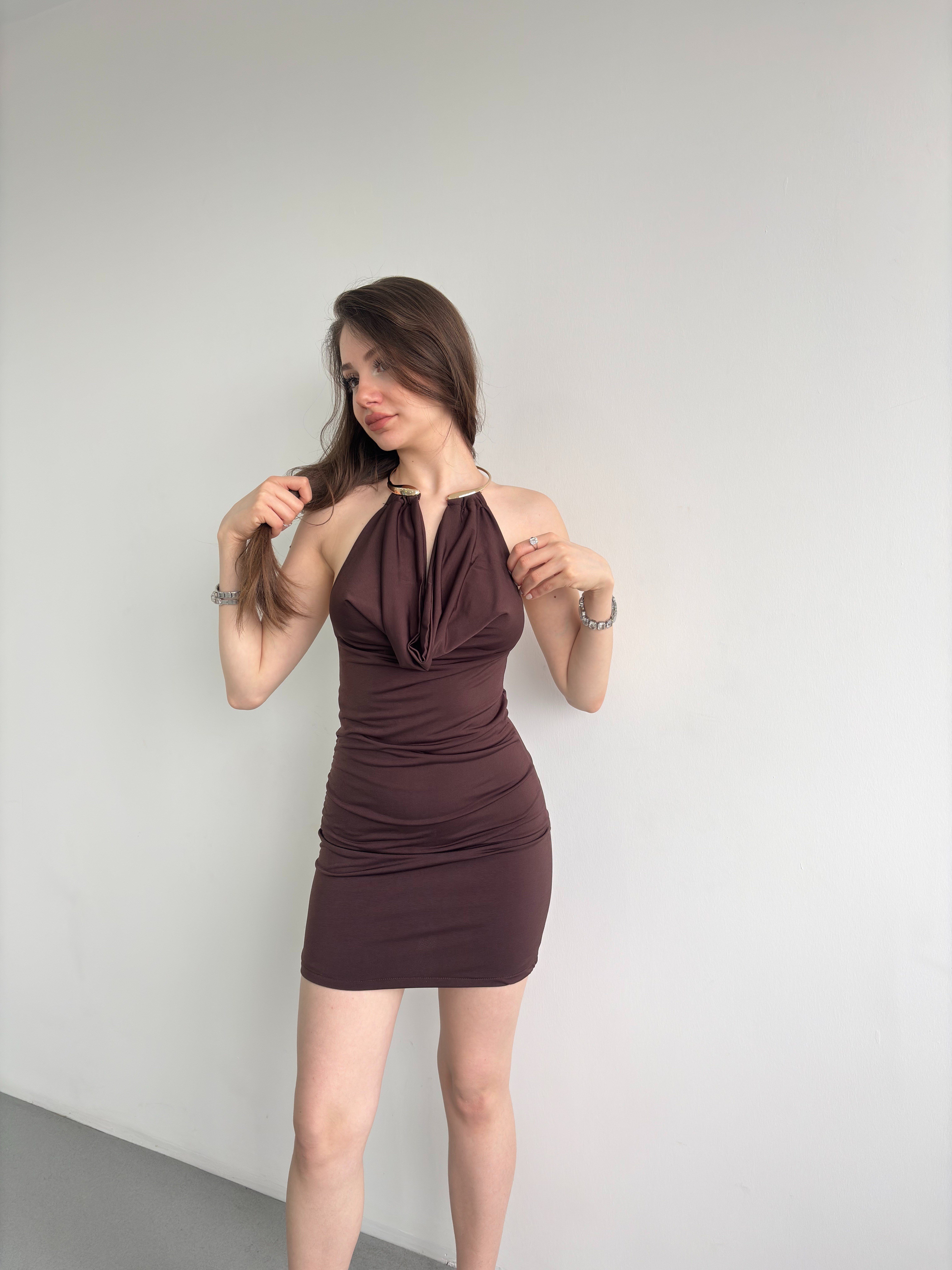 Boyun Detay Mini Elbise