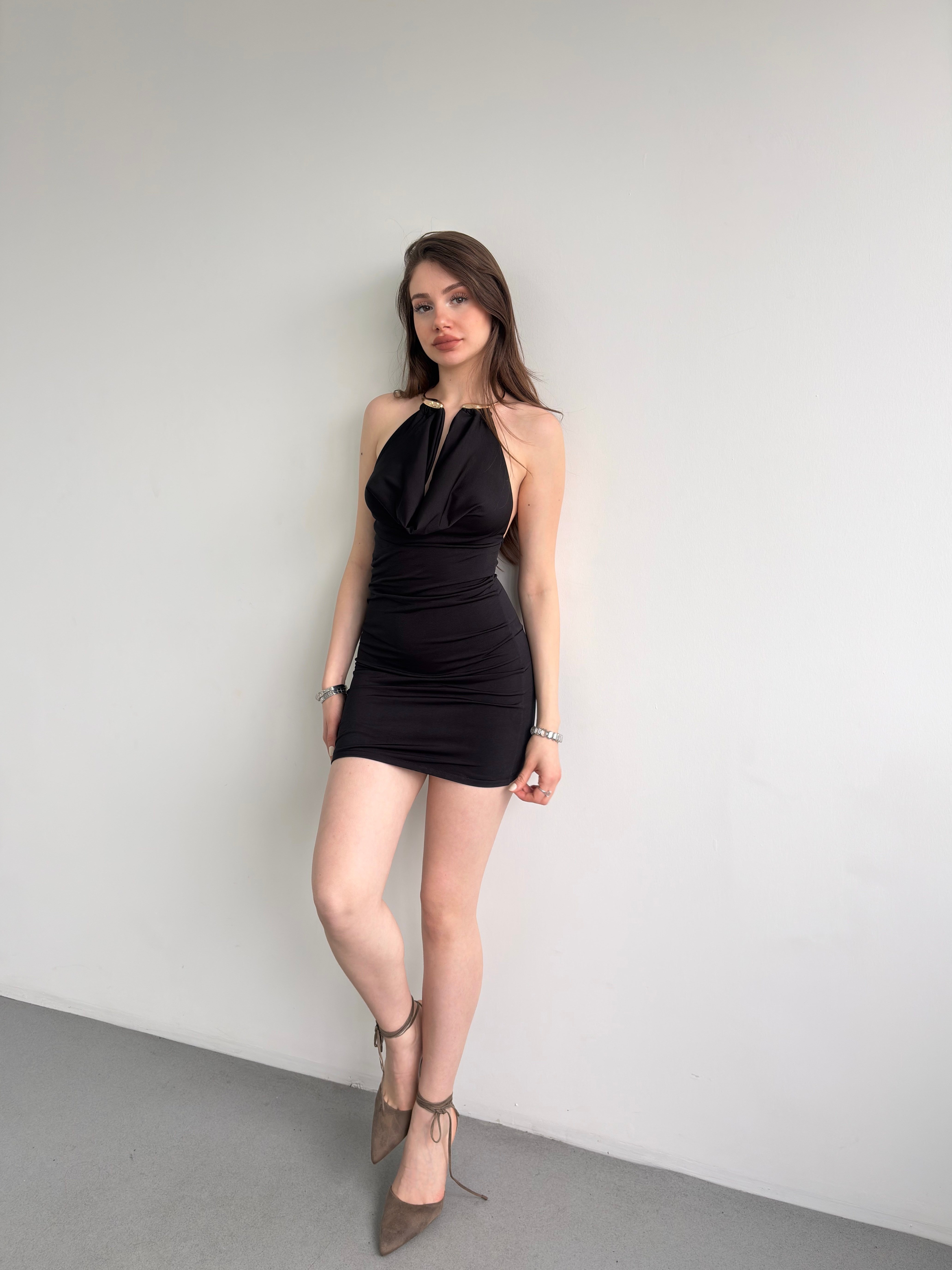 Boyun Detay Mini Elbise