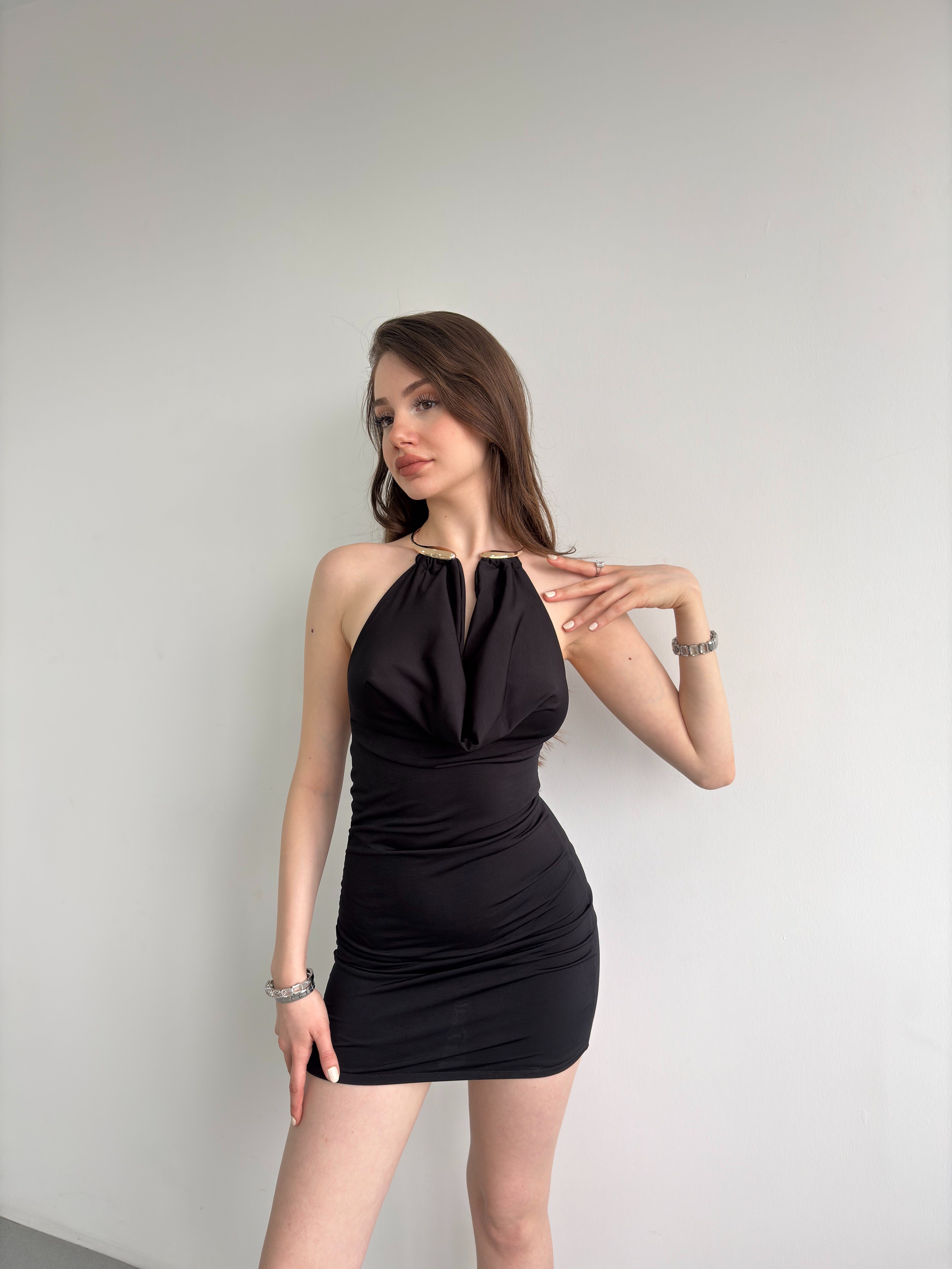 Boyun Detay Mini Elbise