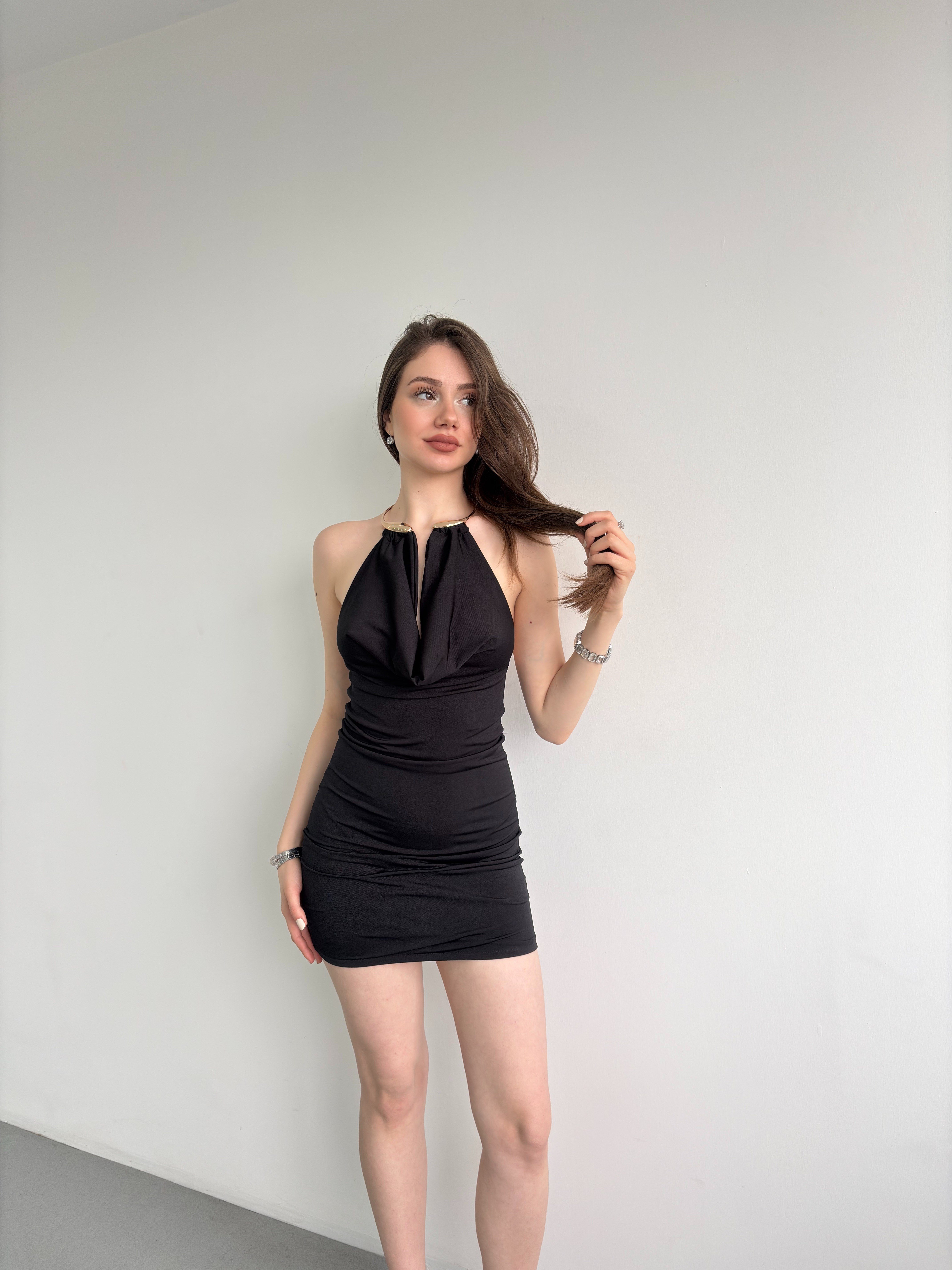 Boyun Detay Mini Elbise