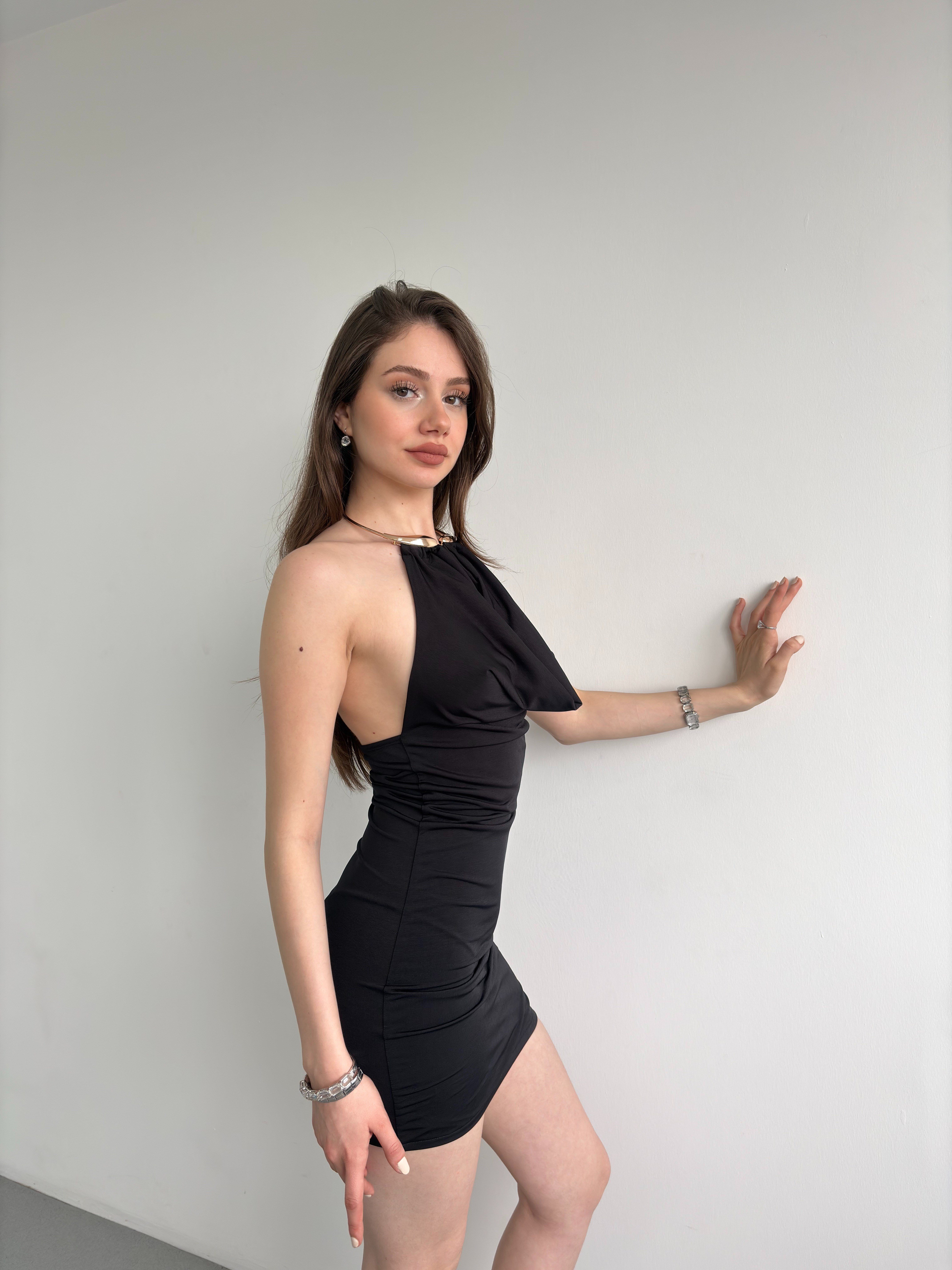 Boyun Detay Mini Elbise