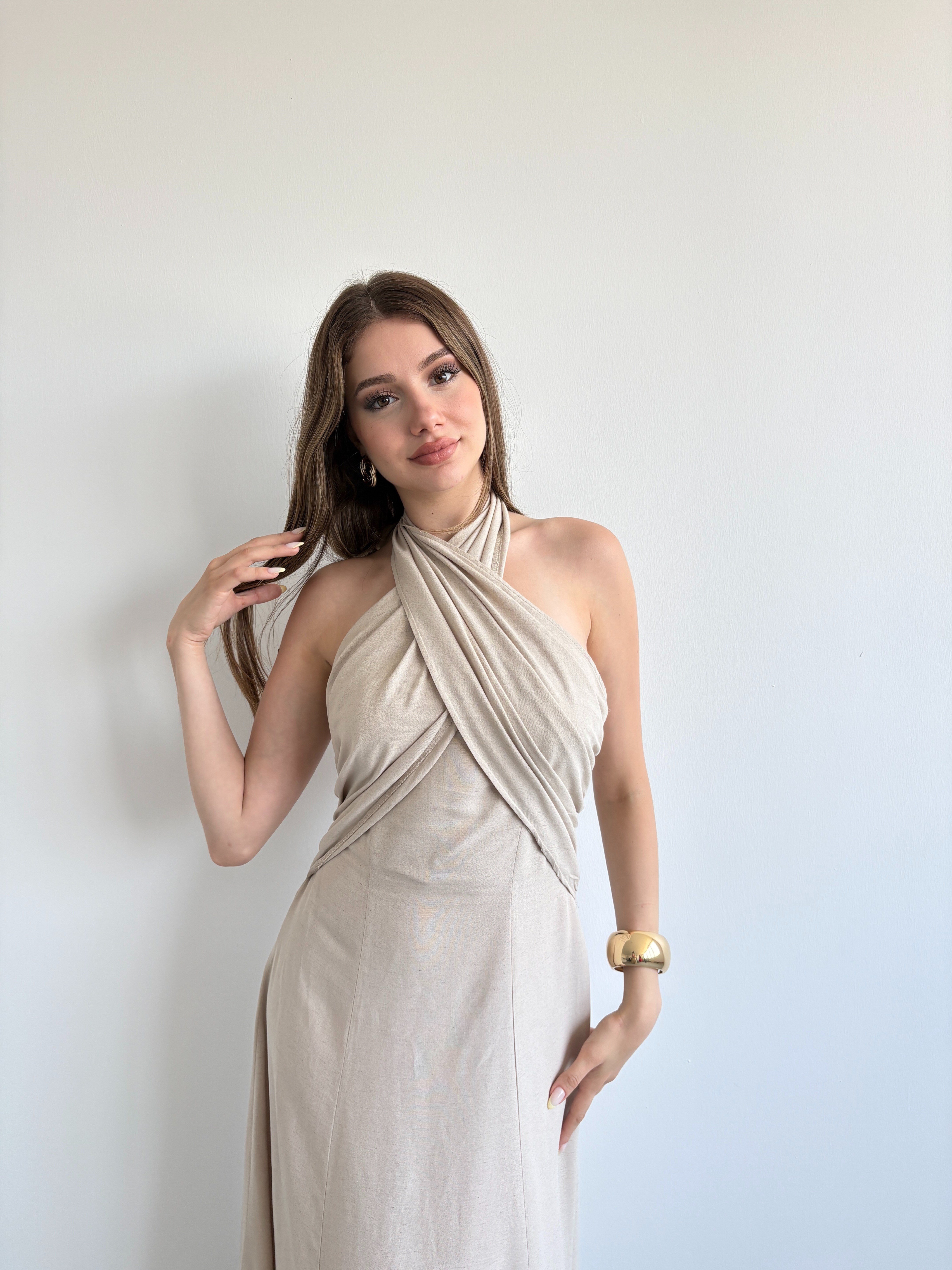 Çapraz Yaka Keten Maxi Elbise
