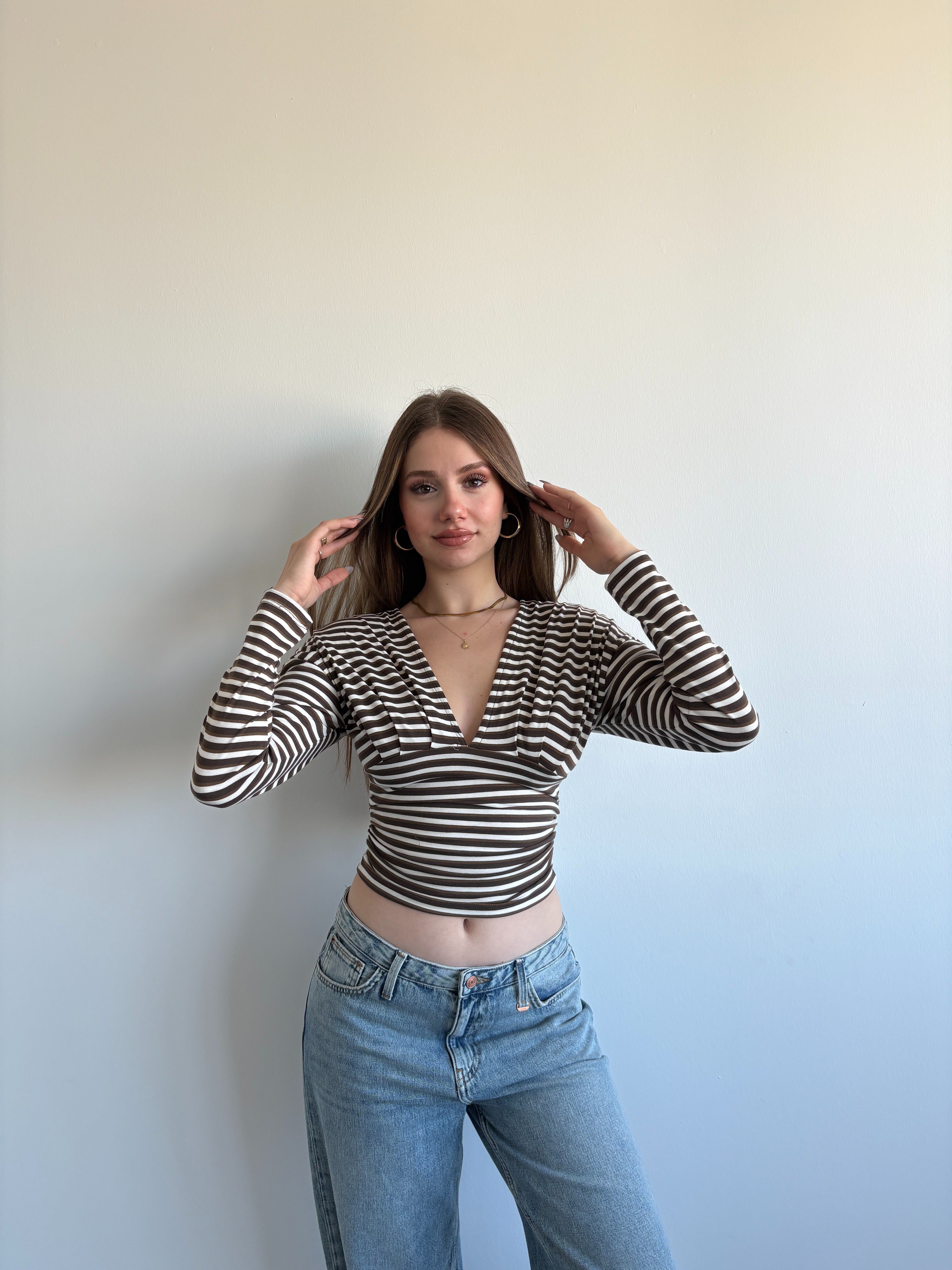 Çİzgili V Kuşaklı Crop
