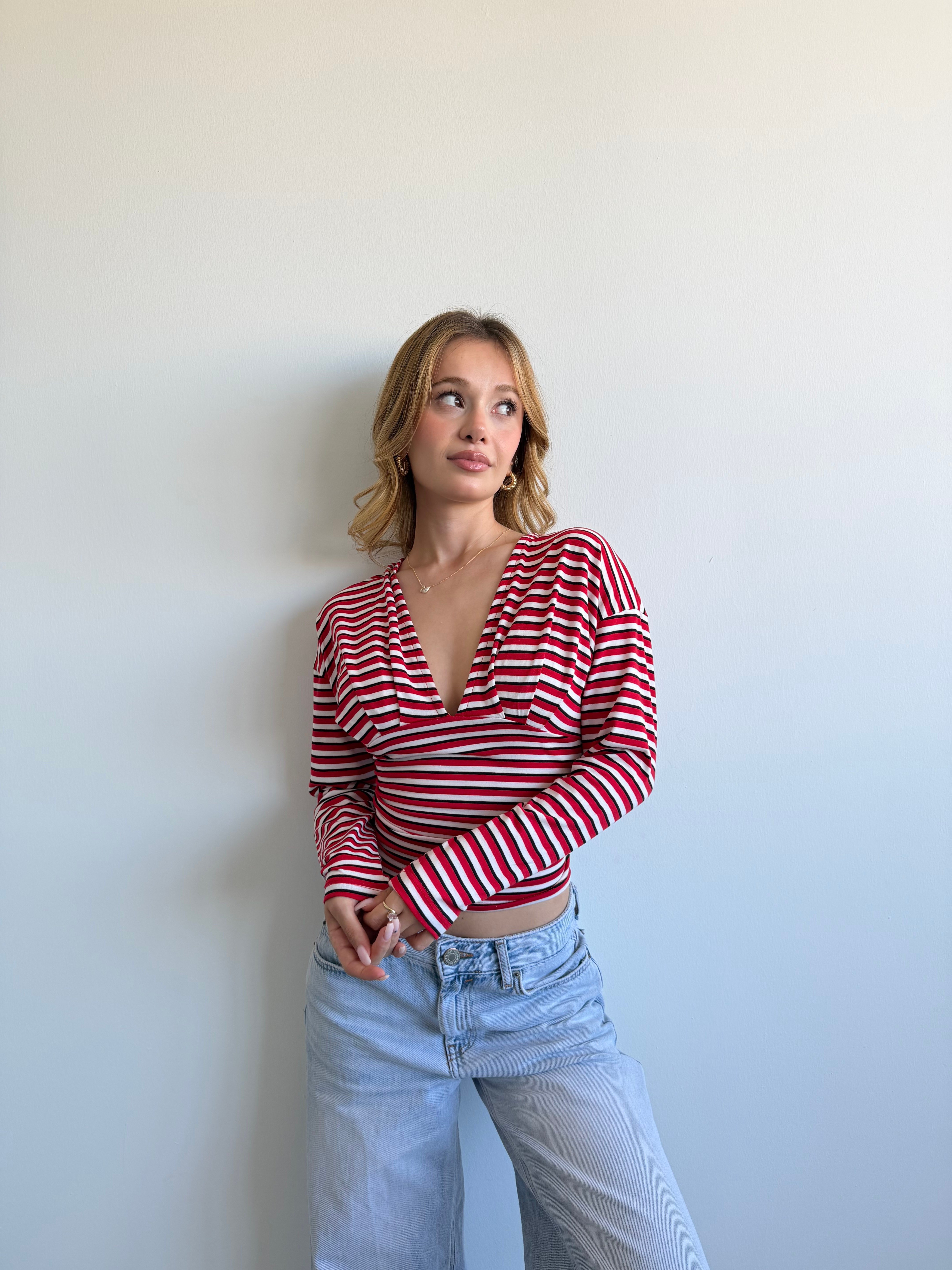 Çİzgili V Kuşaklı Crop