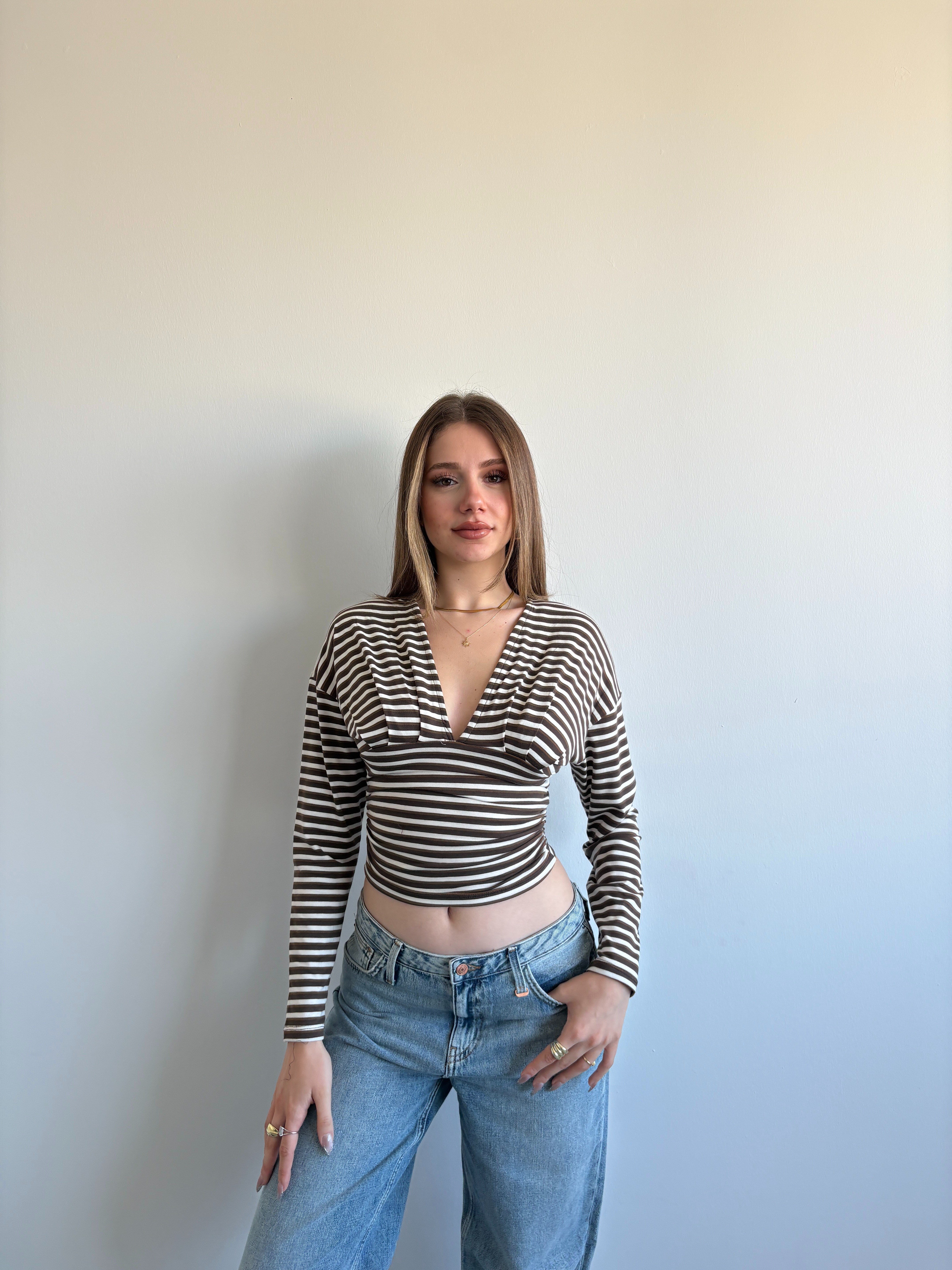 Çİzgili V Kuşaklı Crop