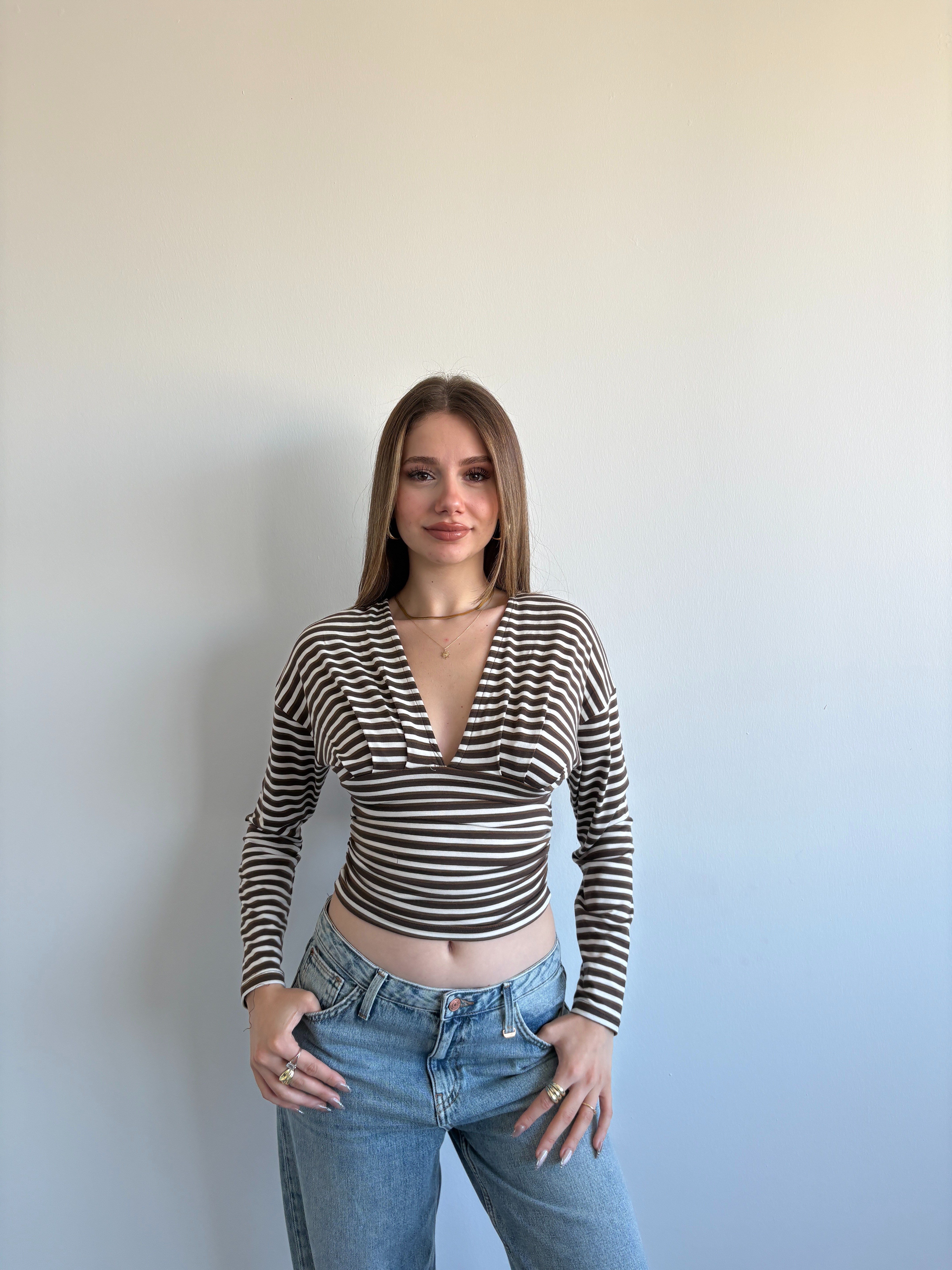 Çİzgili V Kuşaklı Crop