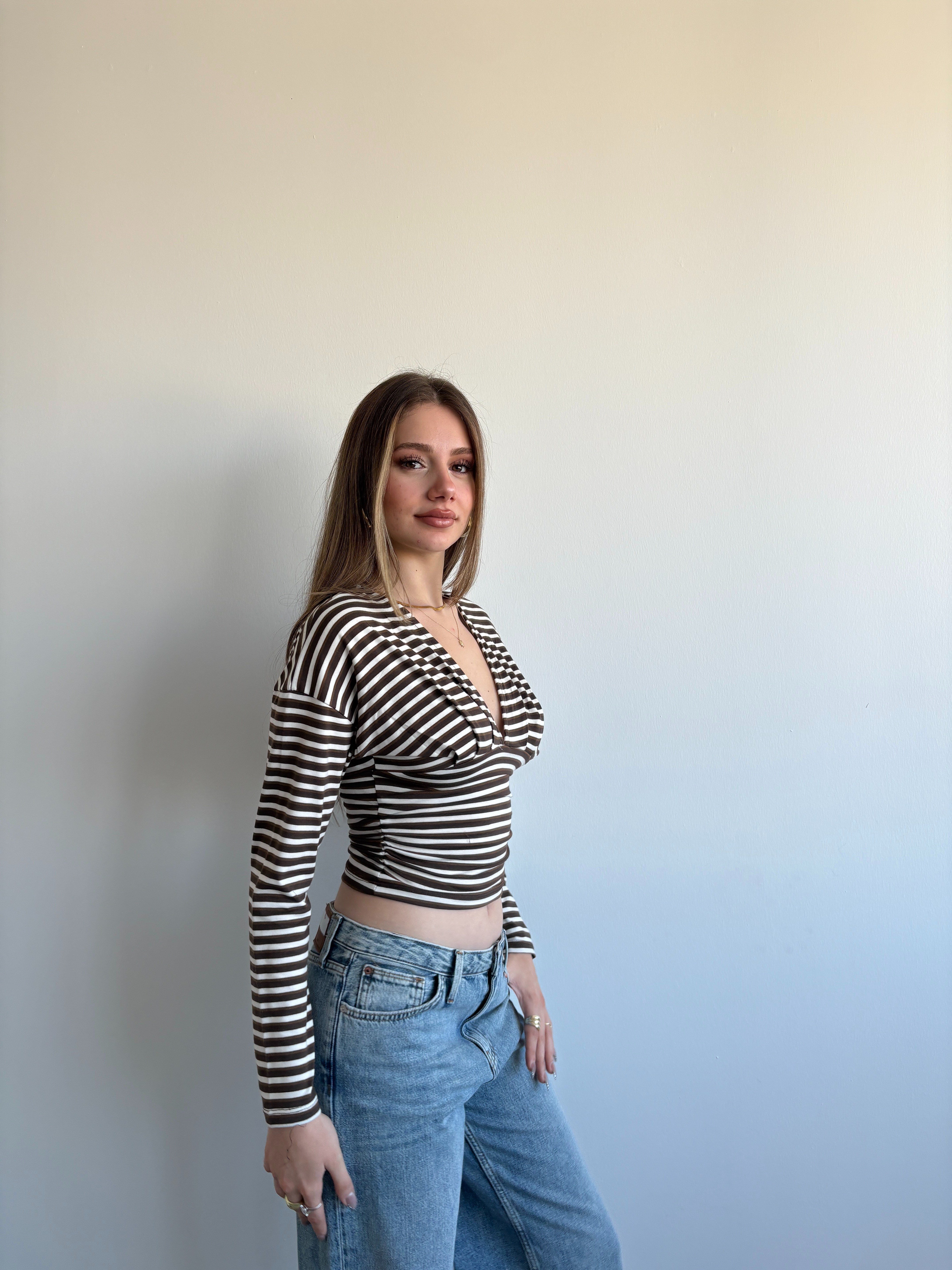 Çİzgili V Kuşaklı Crop