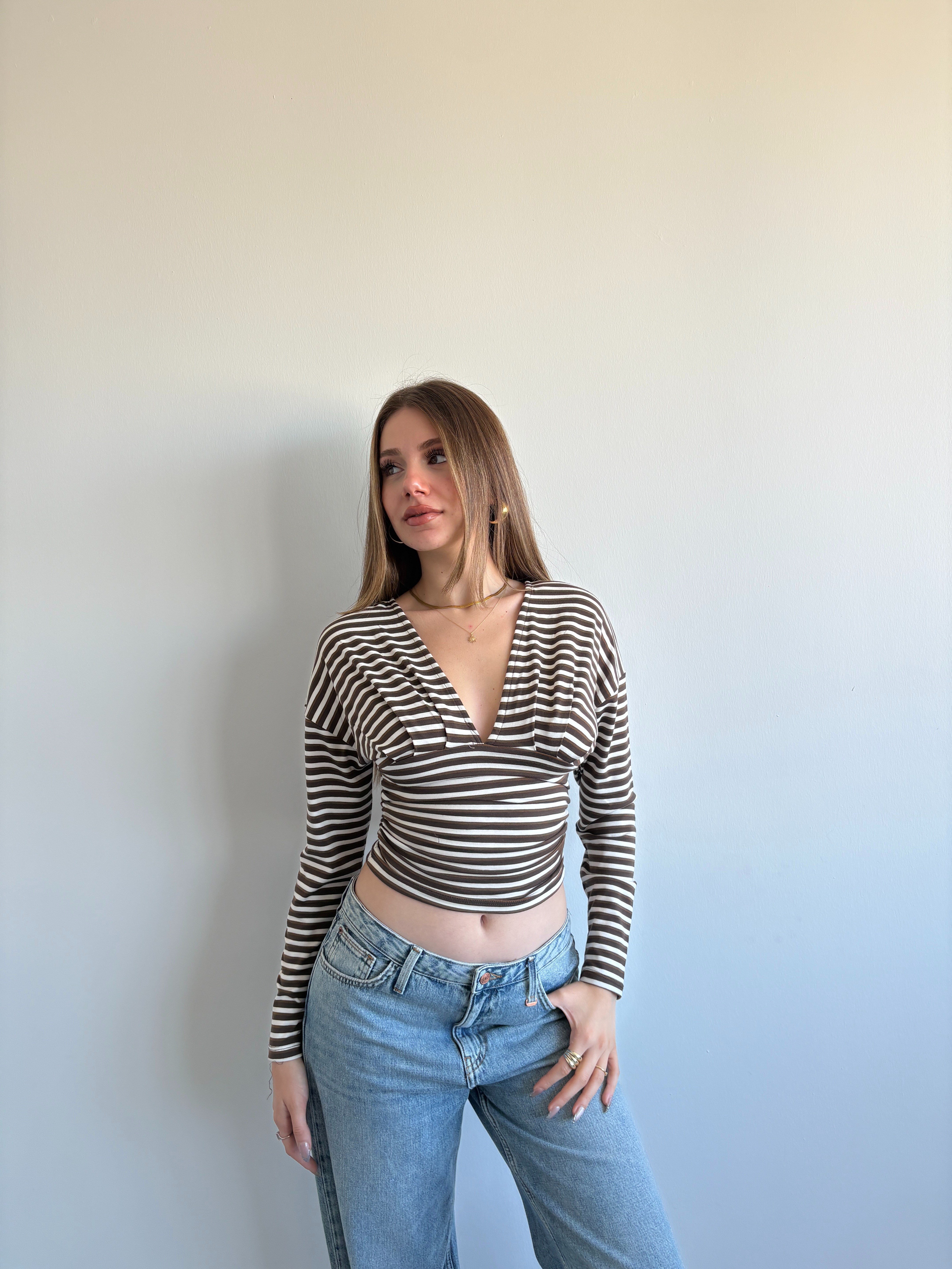 Çİzgili V Kuşaklı Crop