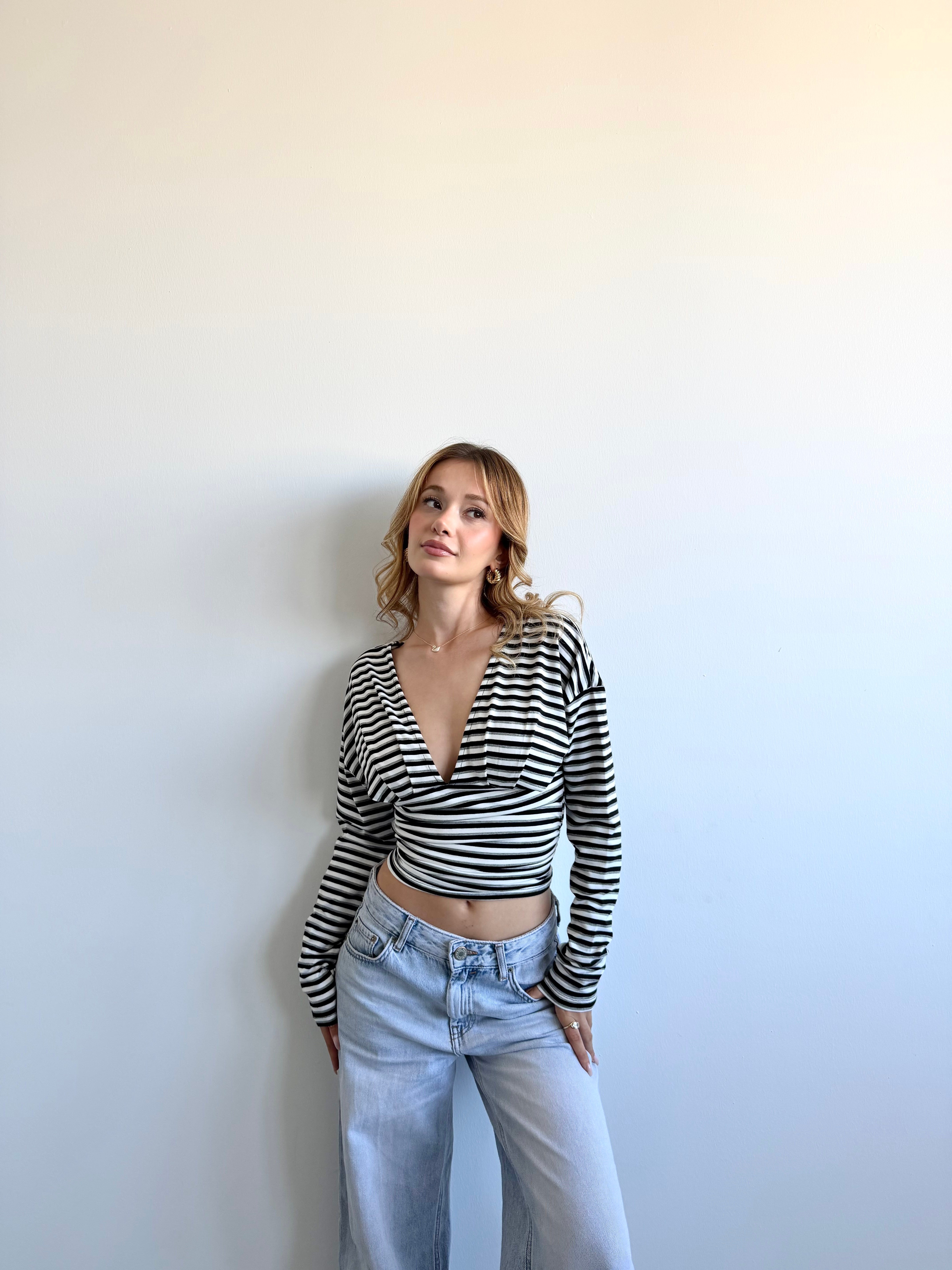 Çİzgili V Kuşaklı Crop
