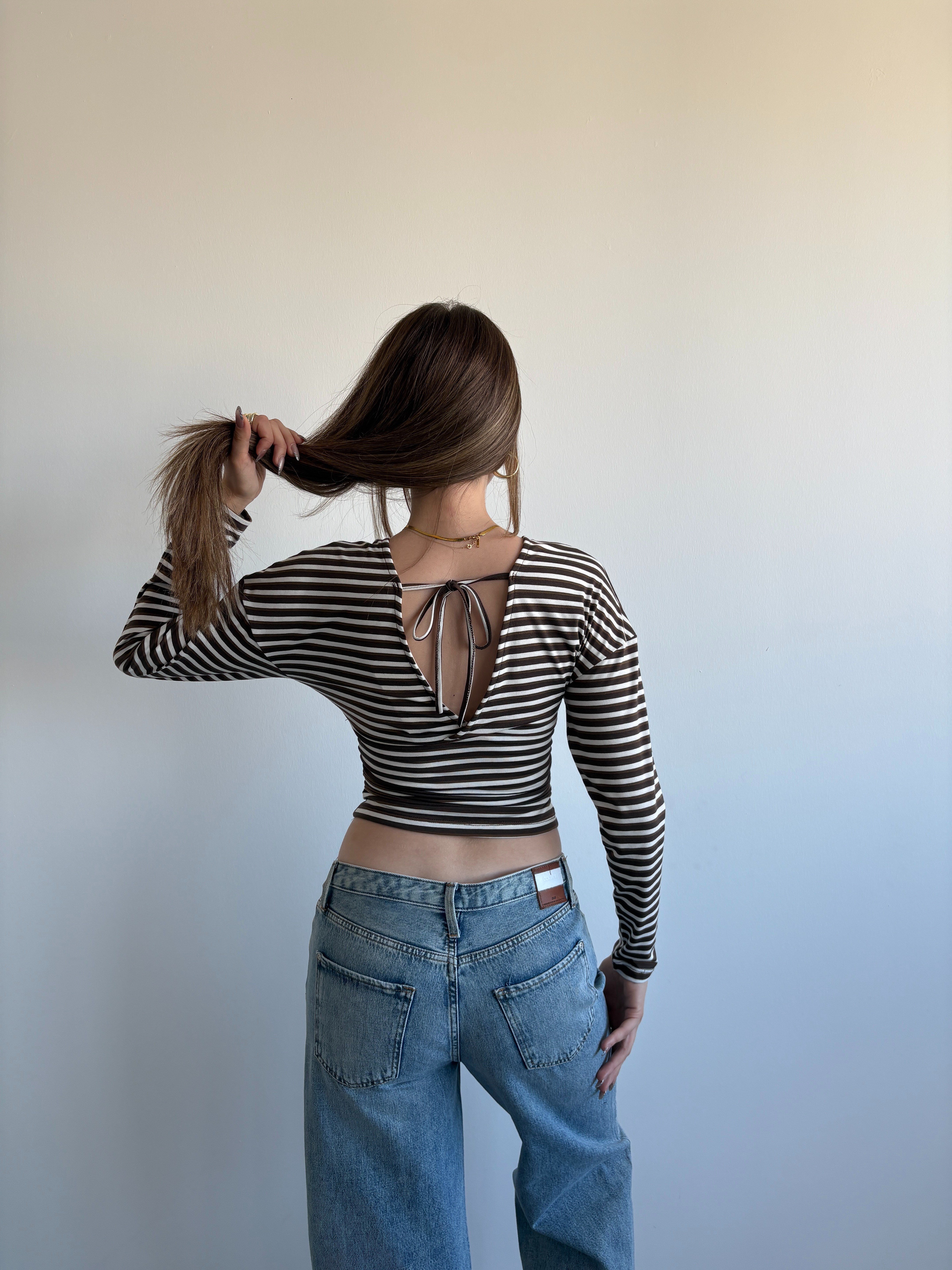 Çİzgili V Kuşaklı Crop