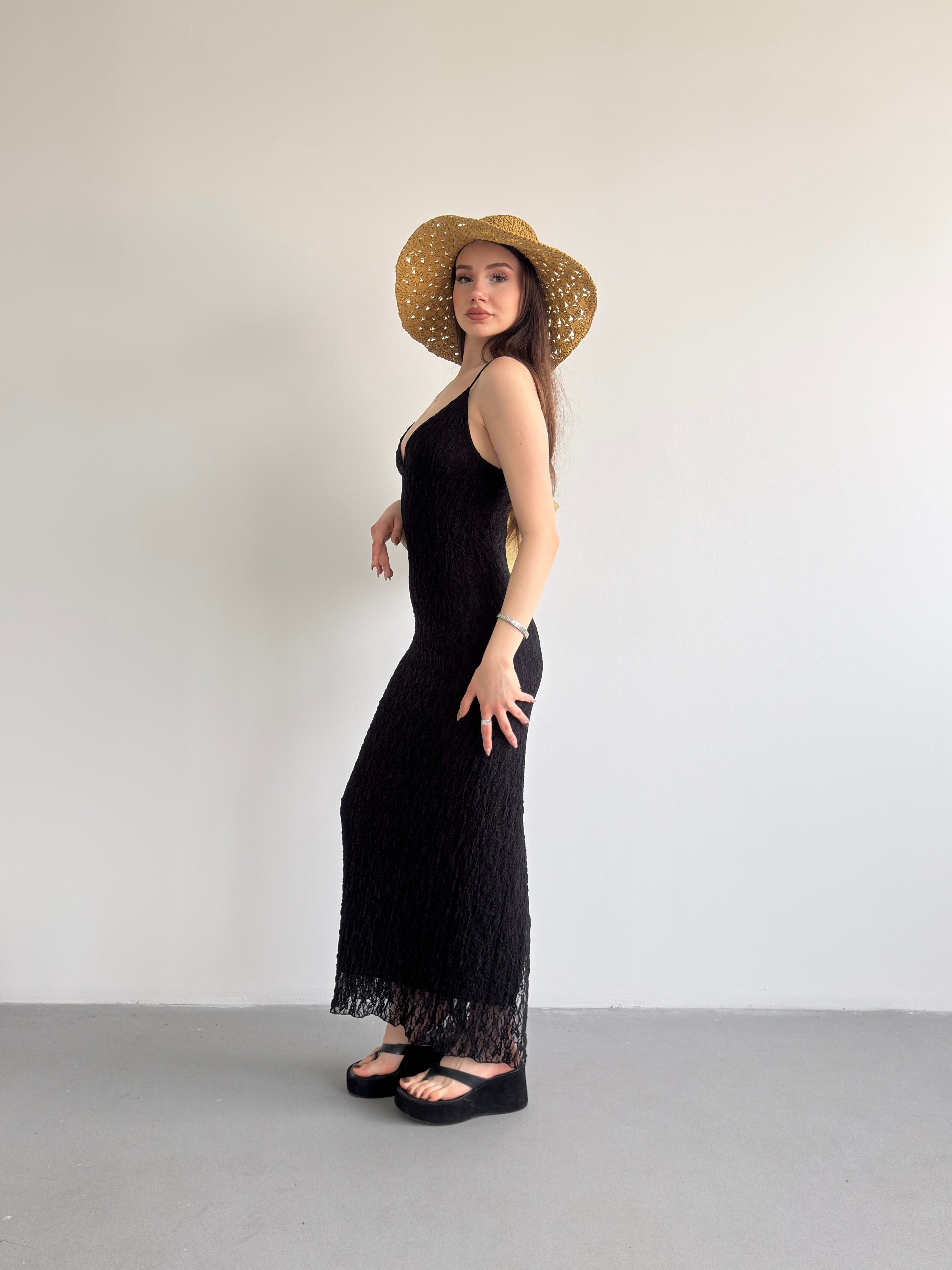 Dantel Askılı Uzun Elbise