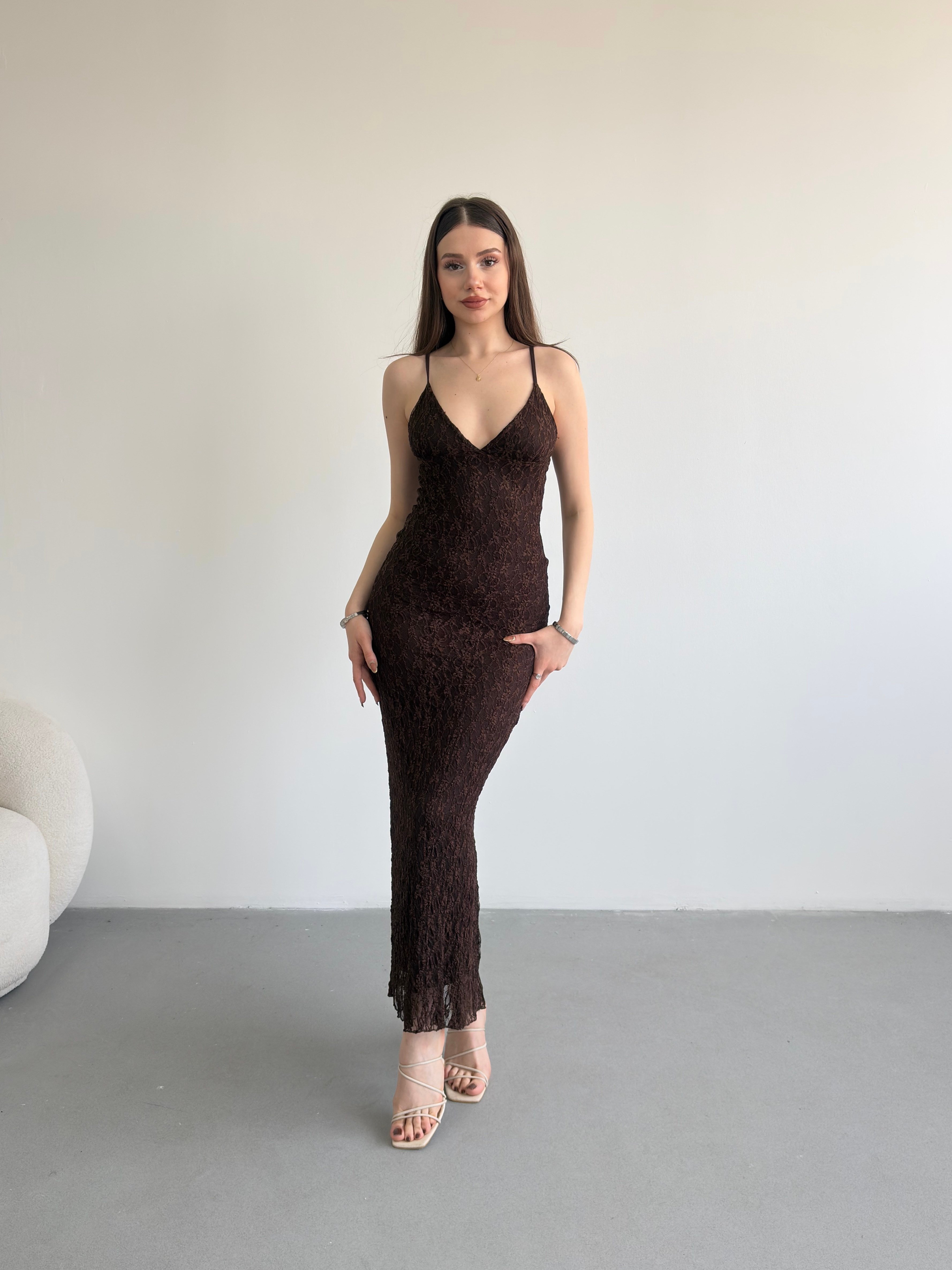 Dantel Askılı Uzun Elbise