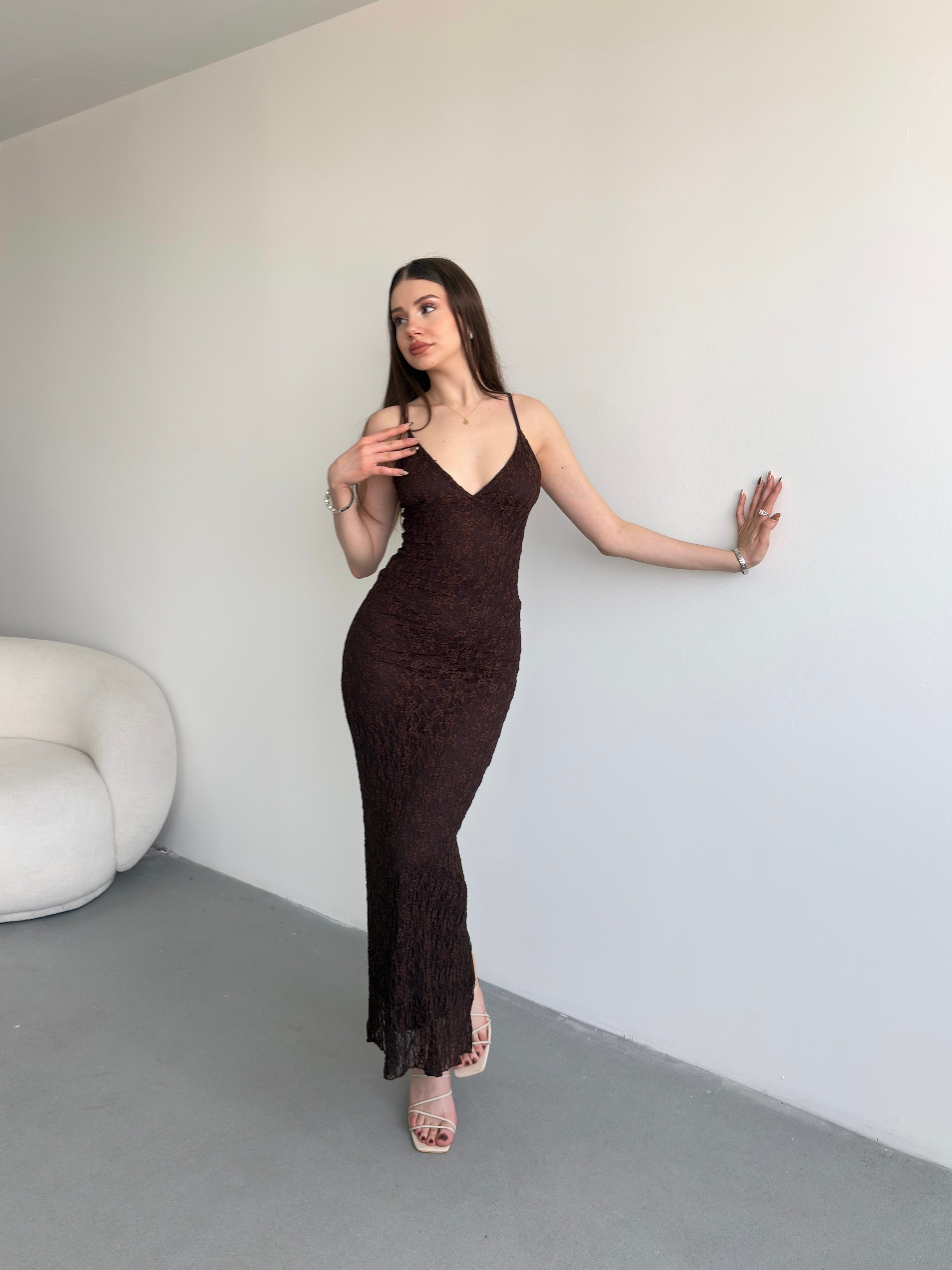 Dantel Askılı Uzun Elbise