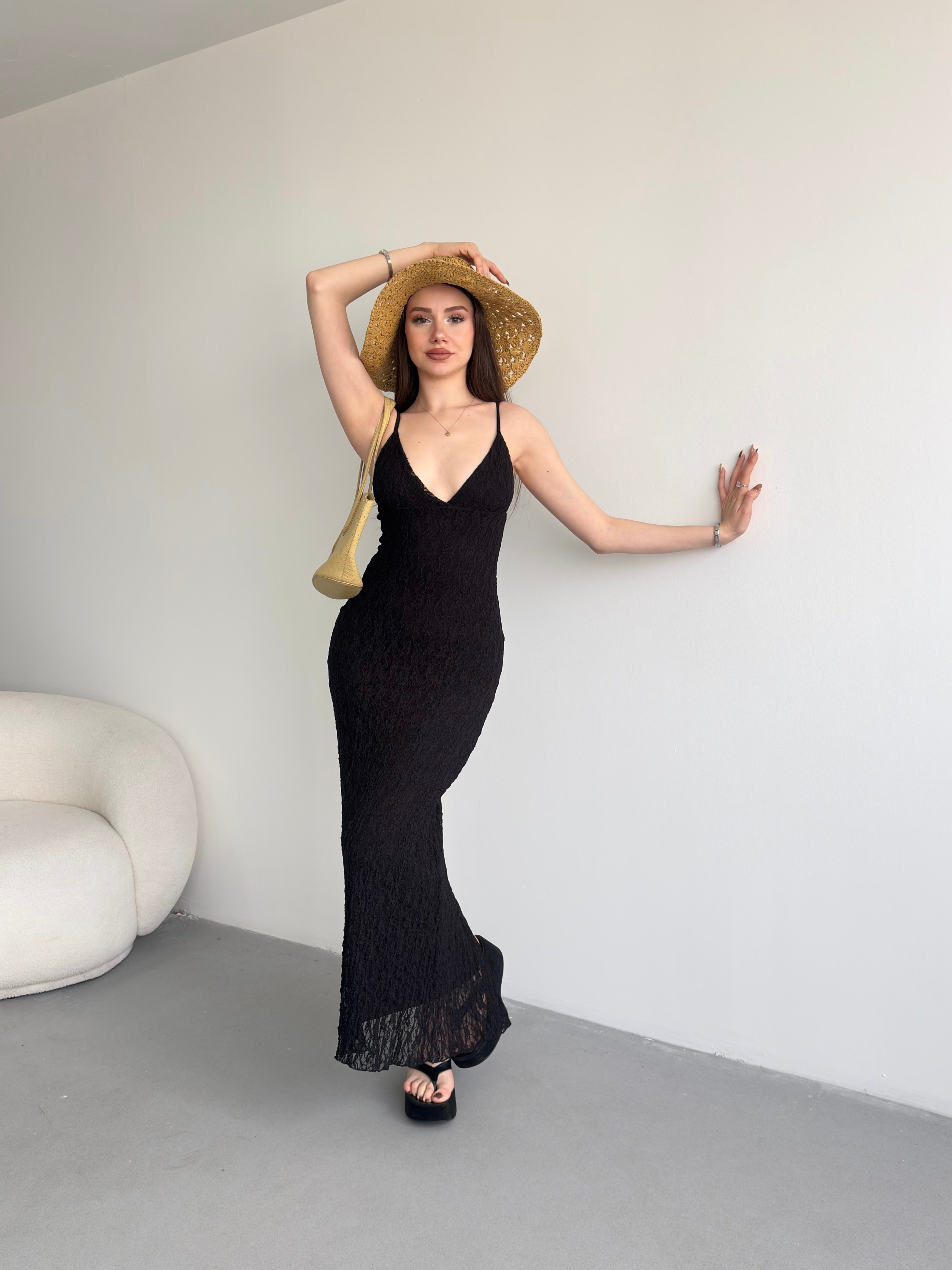 Dantel Askılı Uzun Elbise