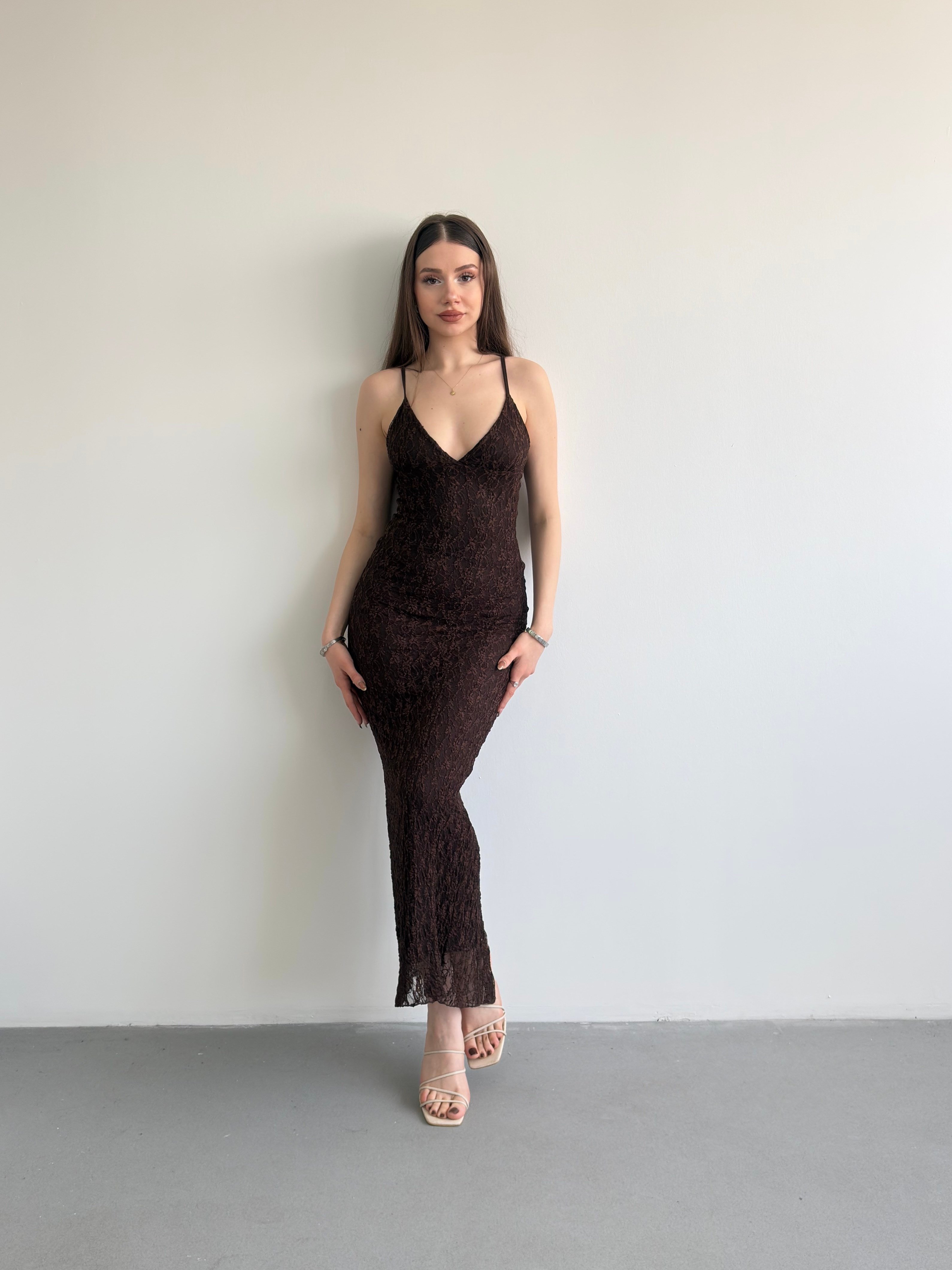 Dantel Askılı Uzun Elbise