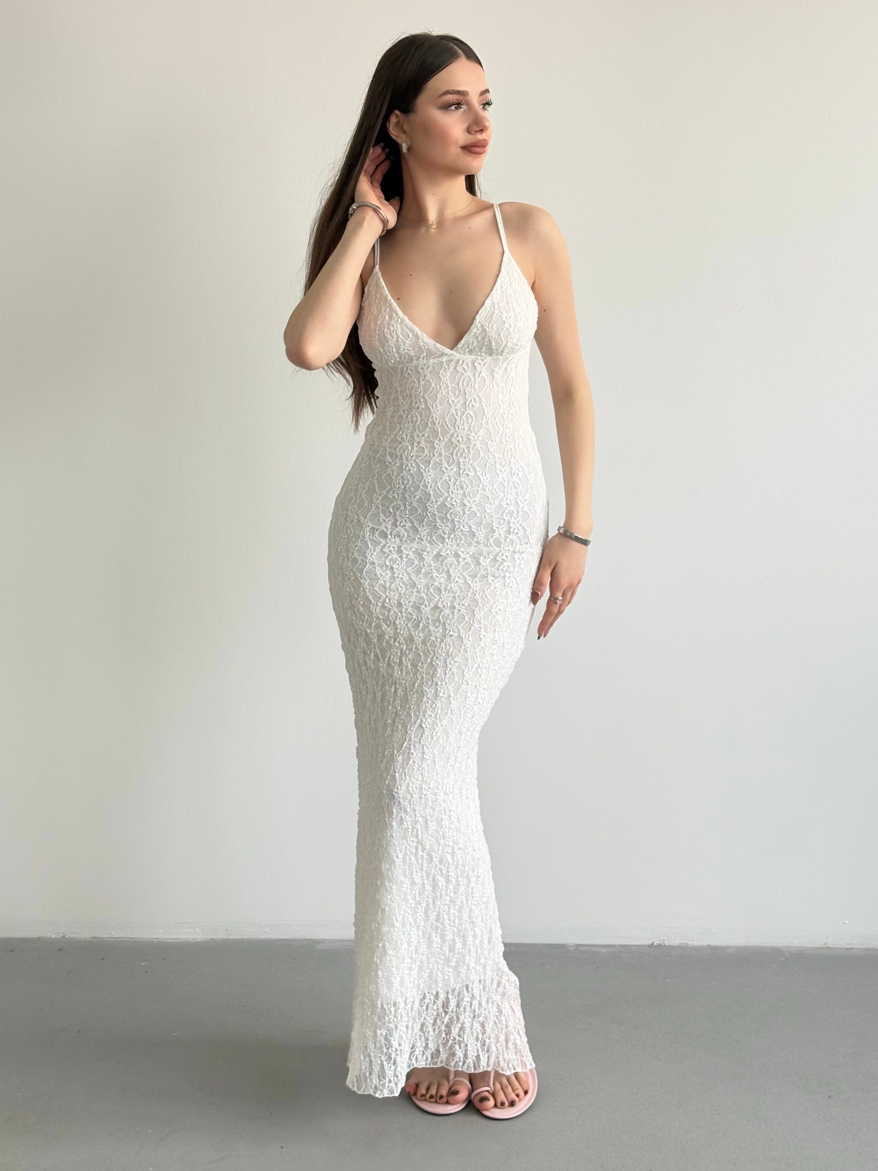 Dantel Askılı Uzun Elbise