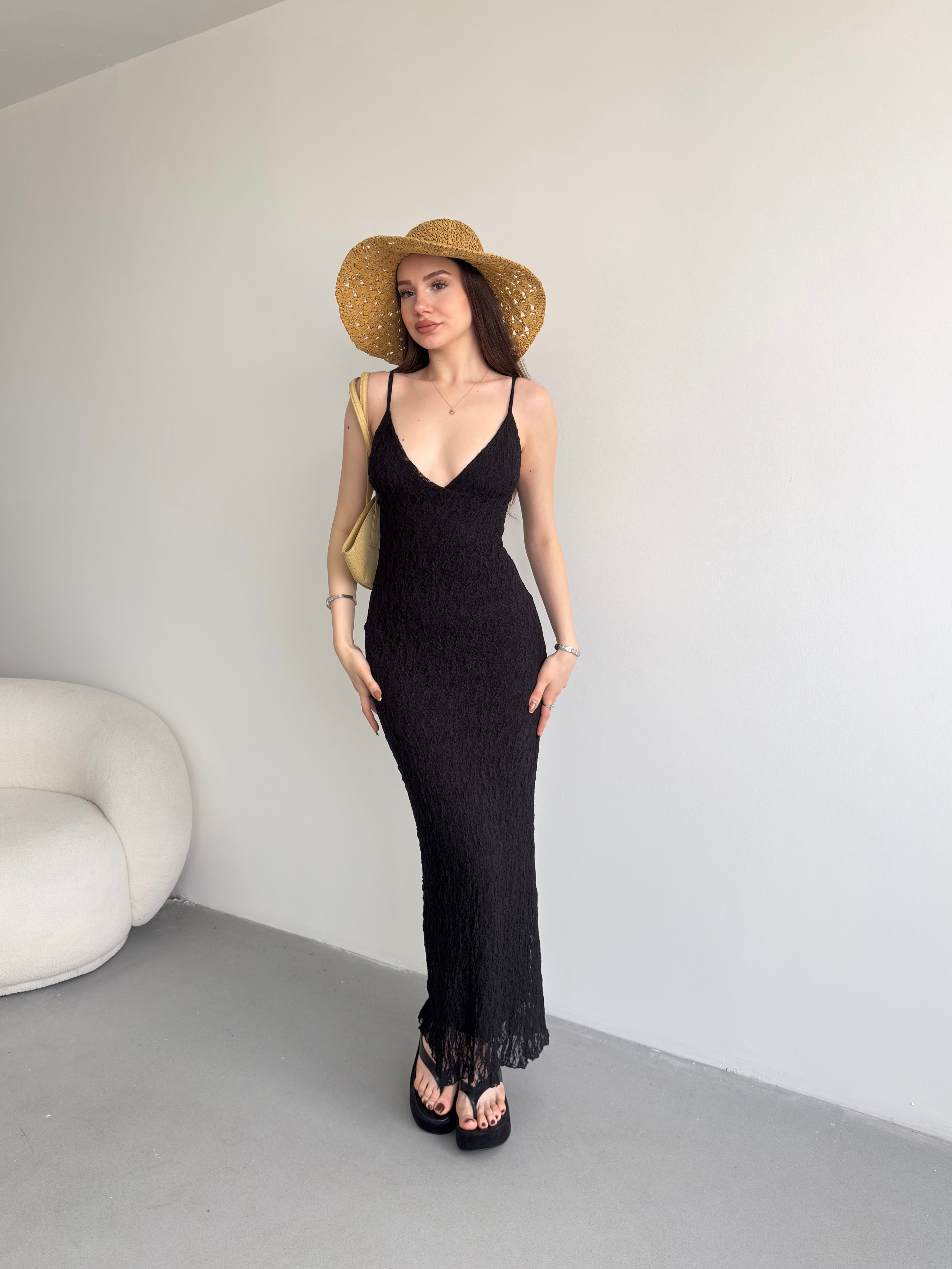 Dantel Askılı Uzun Elbise