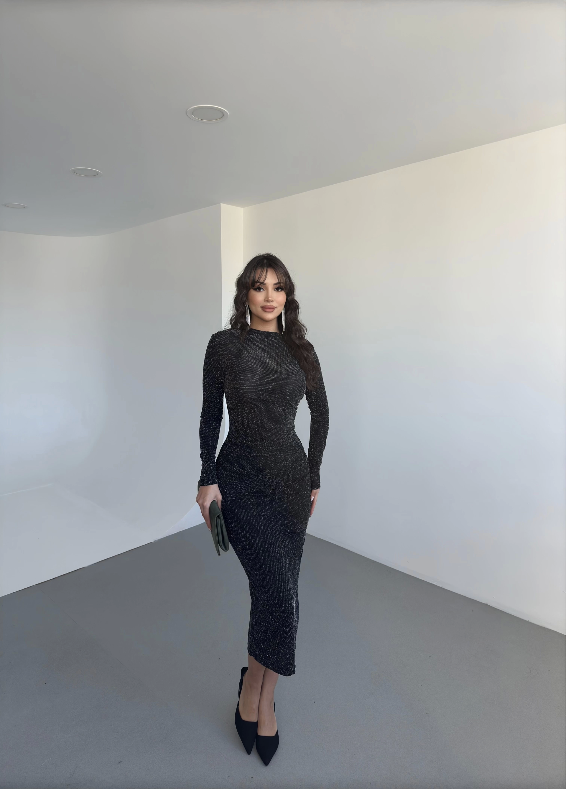 Drape Büzgülü Uzun Elbise