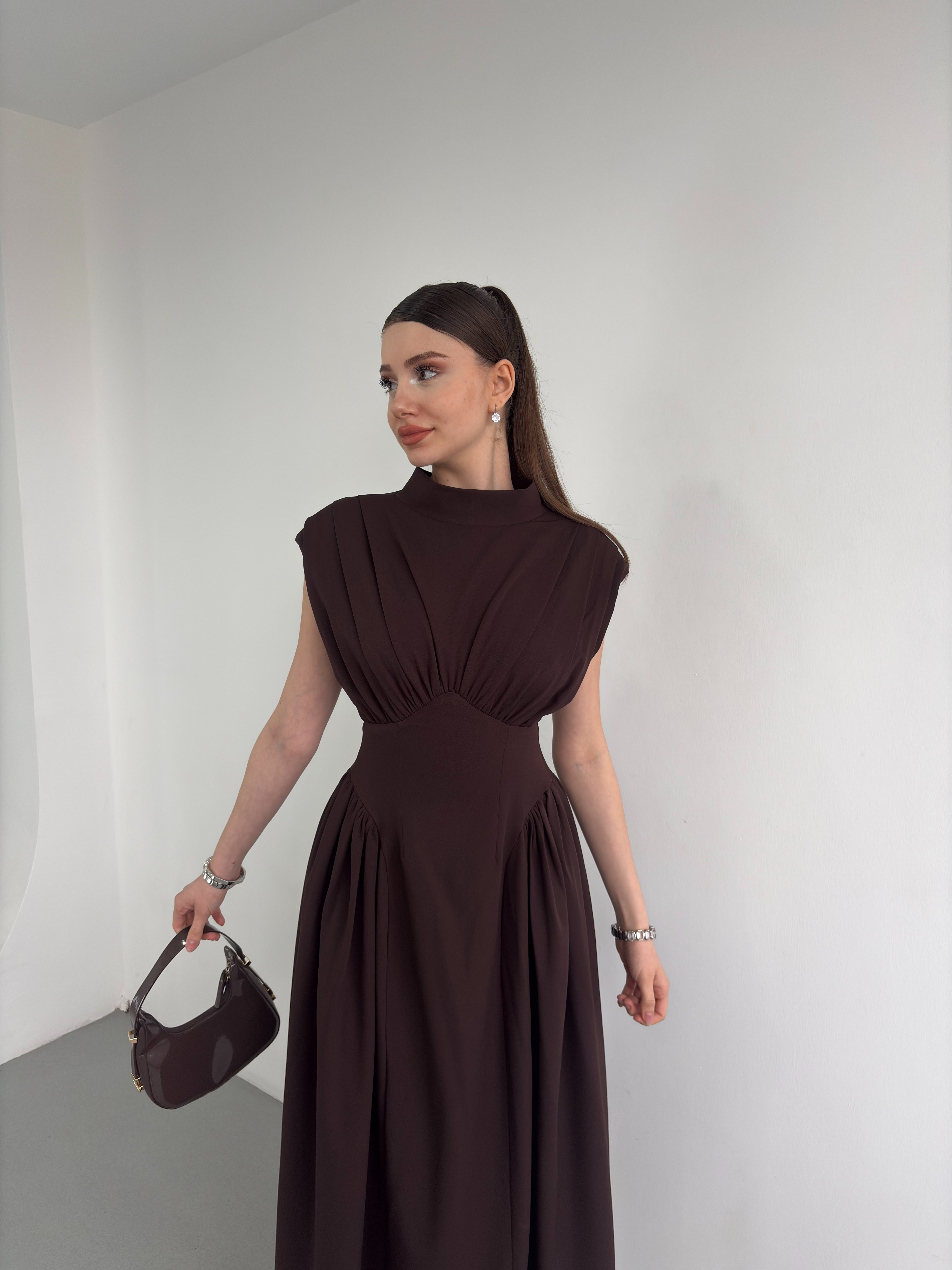 Drapeli Bel Vurgulu Premium Midi Elbise 