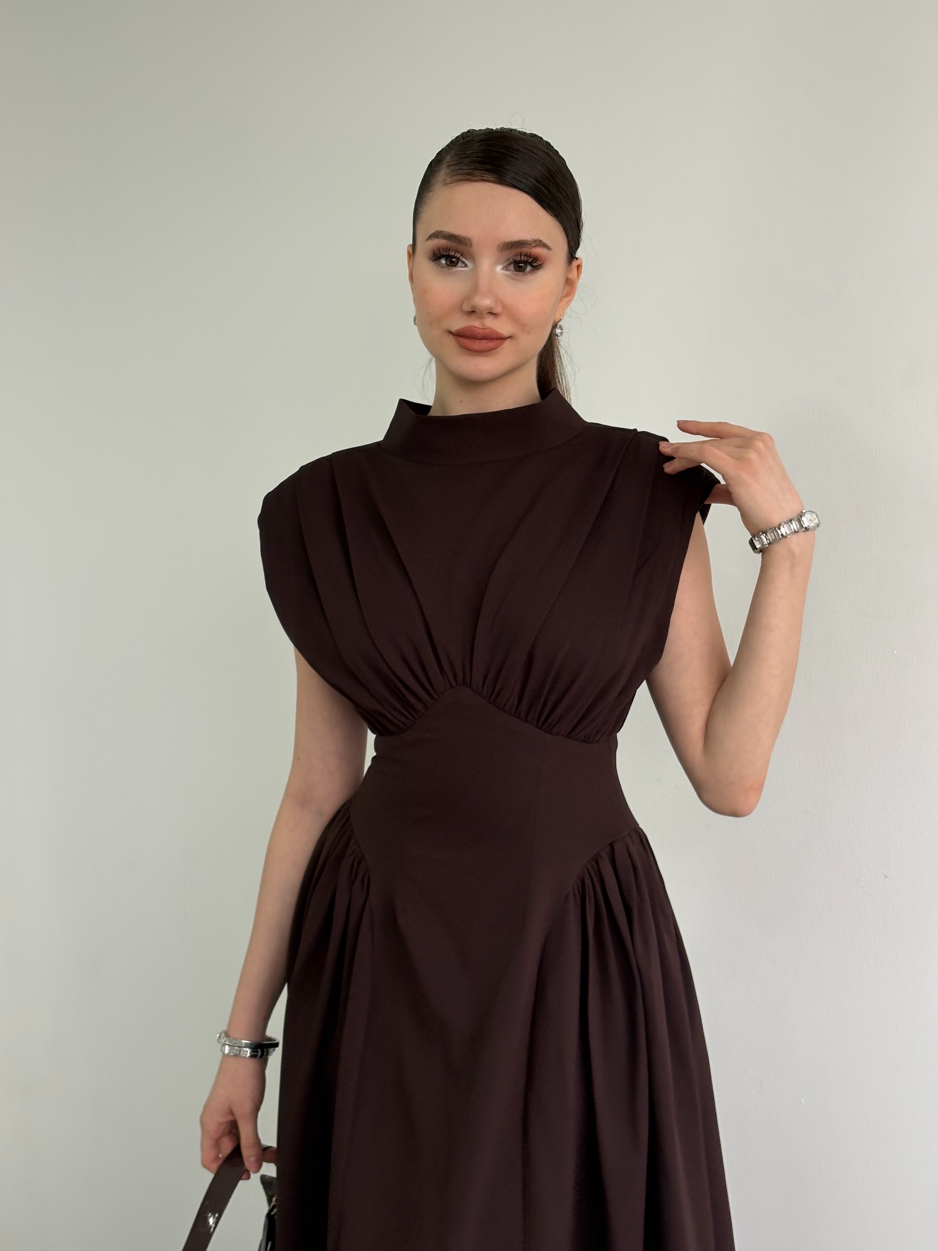 Drapeli Bel Vurgulu Premium Midi Elbise 