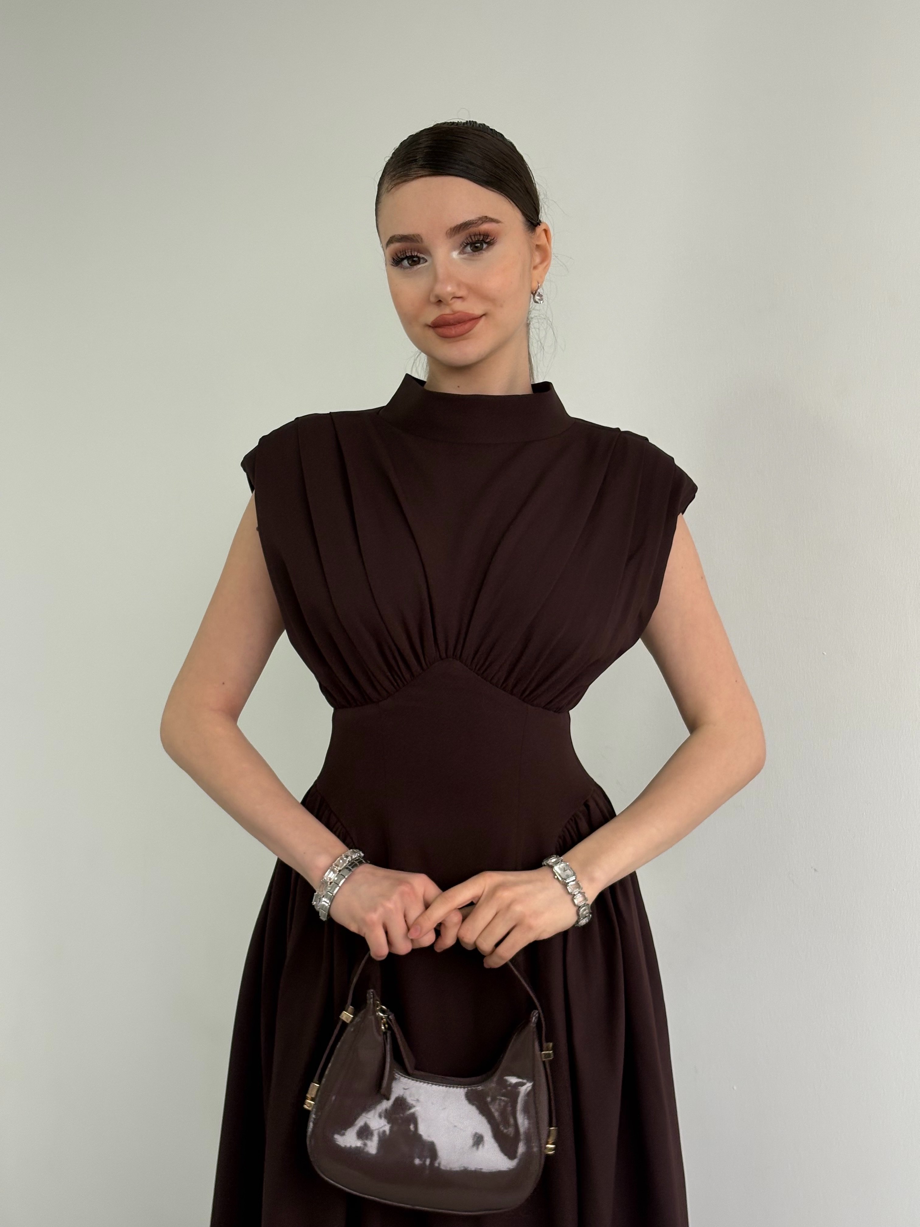 Drapeli Bel Vurgulu Premium Midi Elbise 
