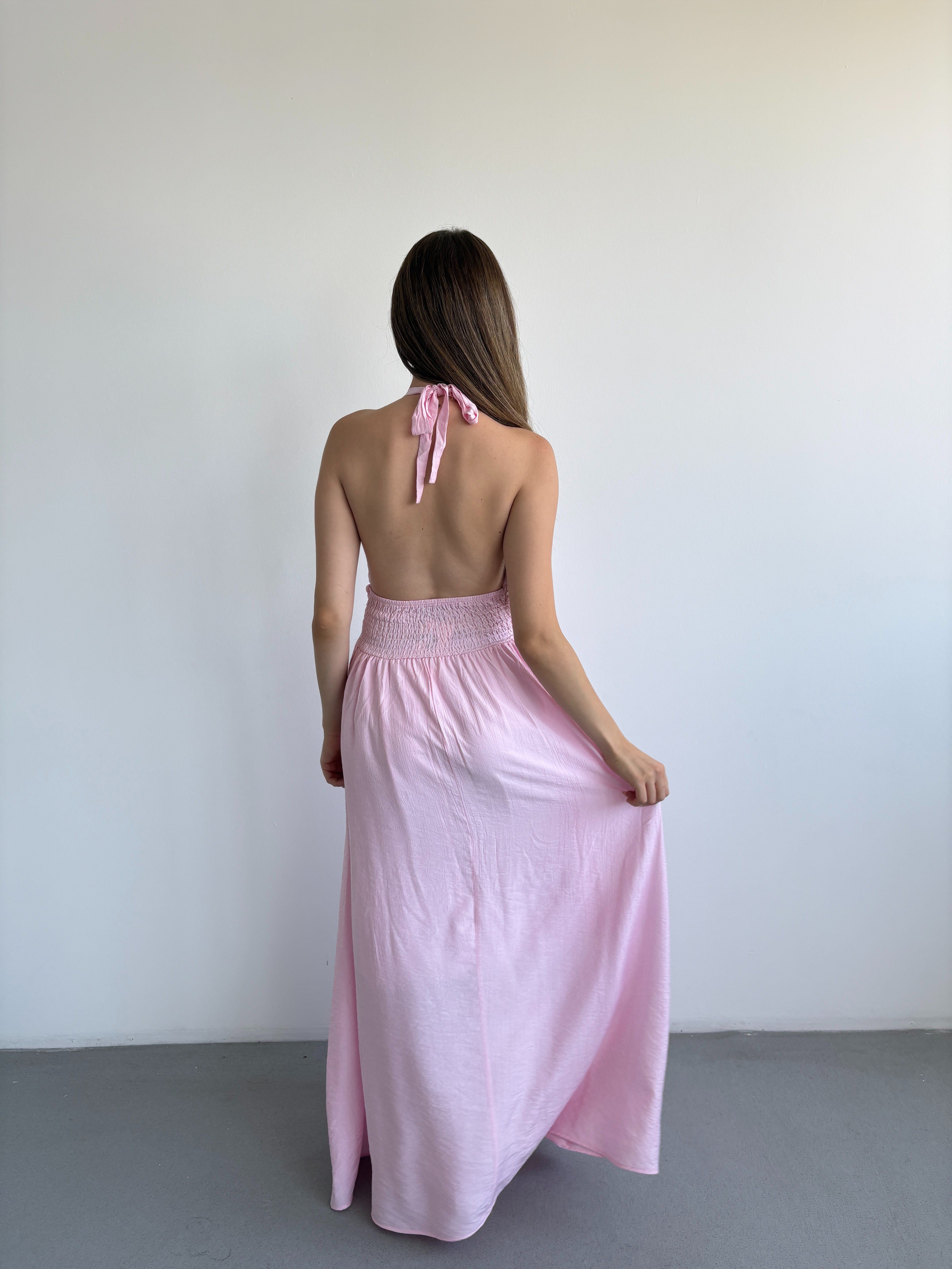 Düğme Halter Çilek Elbise