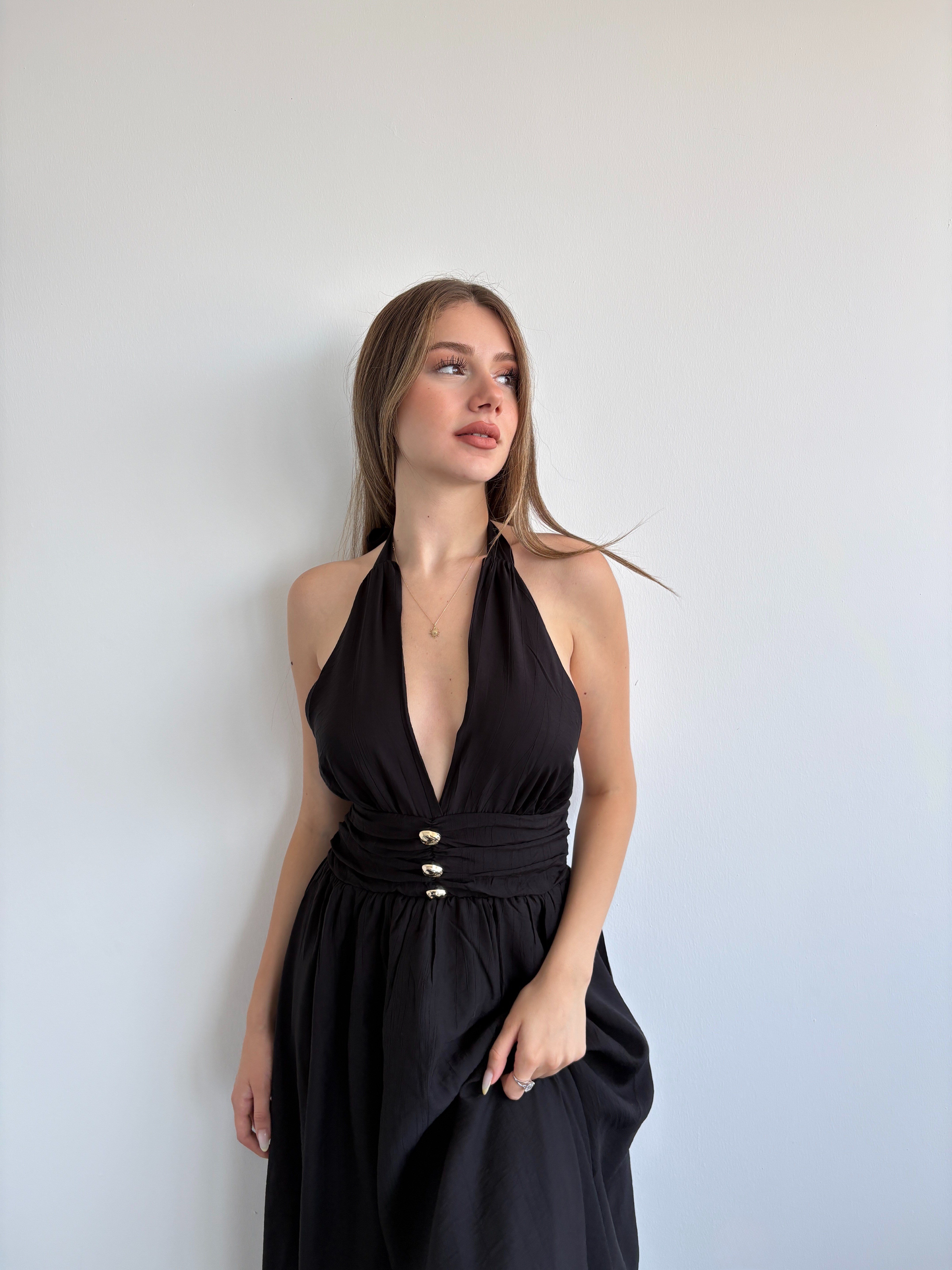 Düğme Halter Çilek Elbise