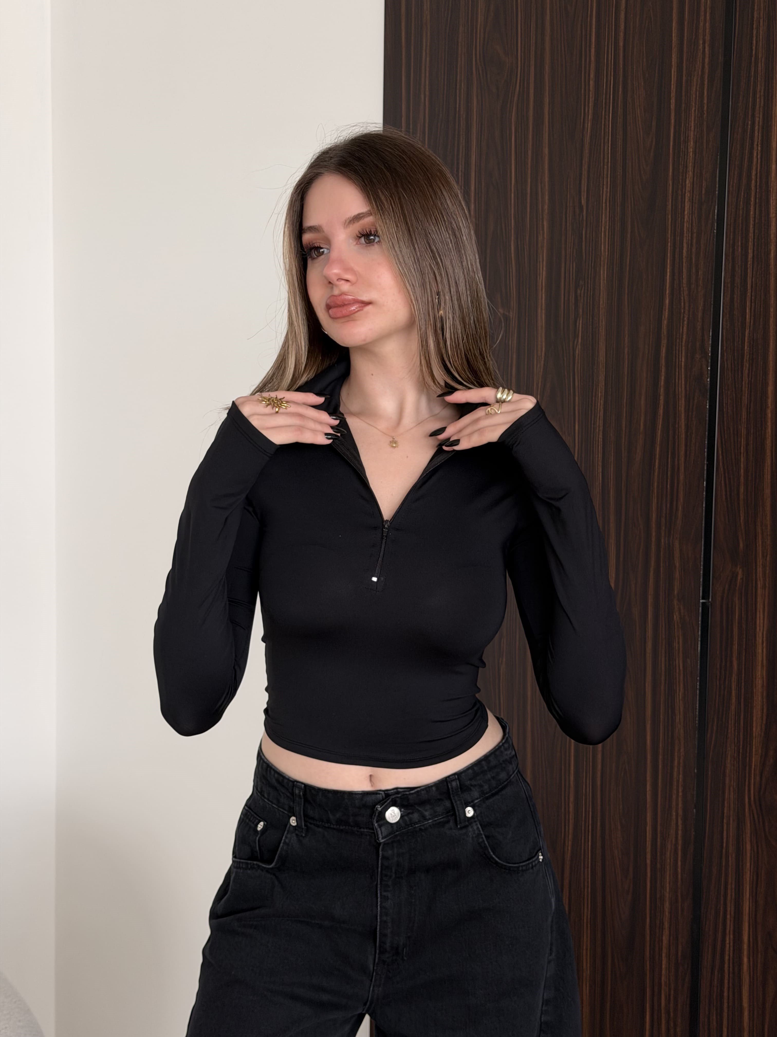 Fermuarlı Balıkçı Poliamid Crop