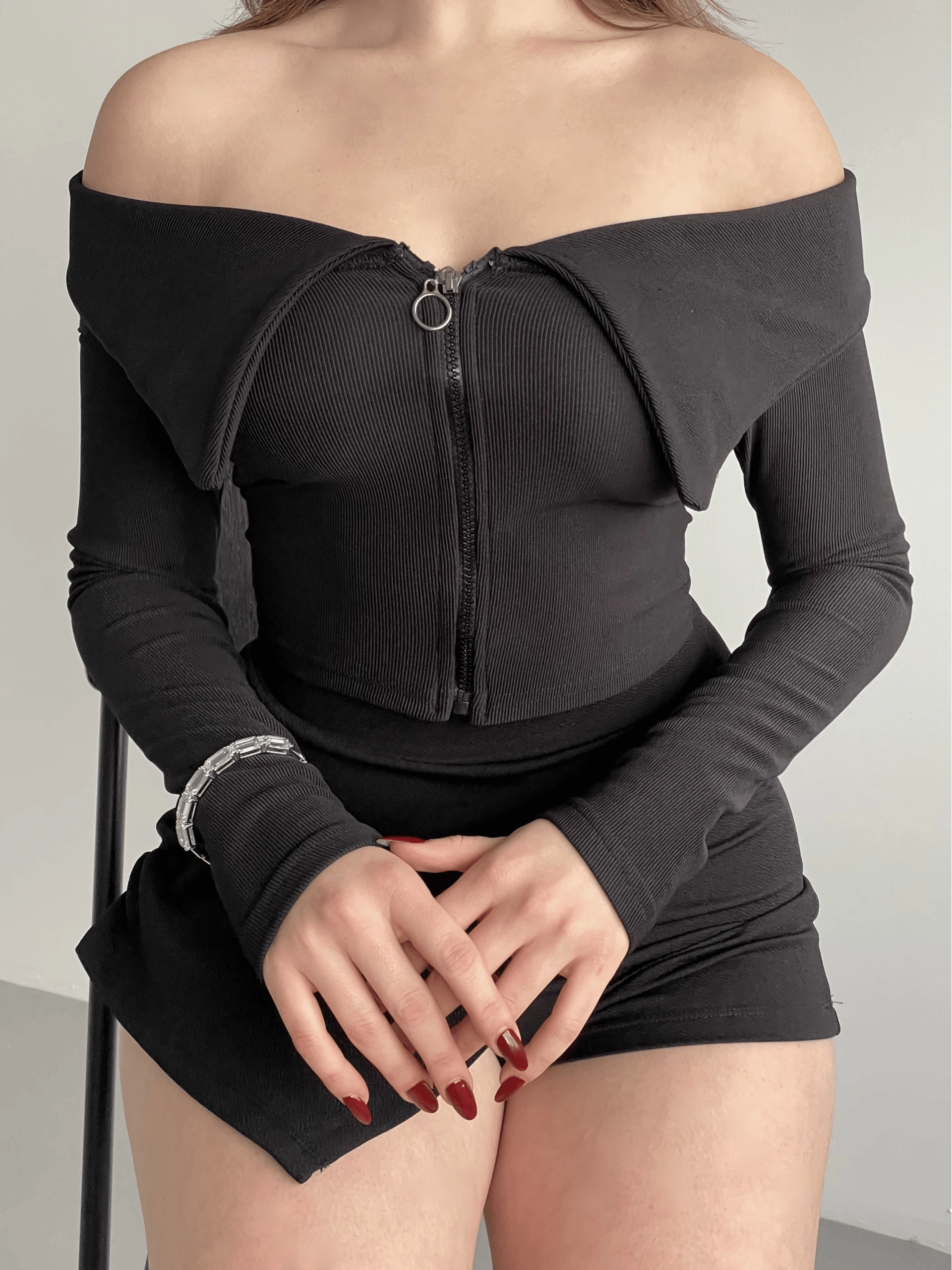Fermuarlı Şal Yaka Crop