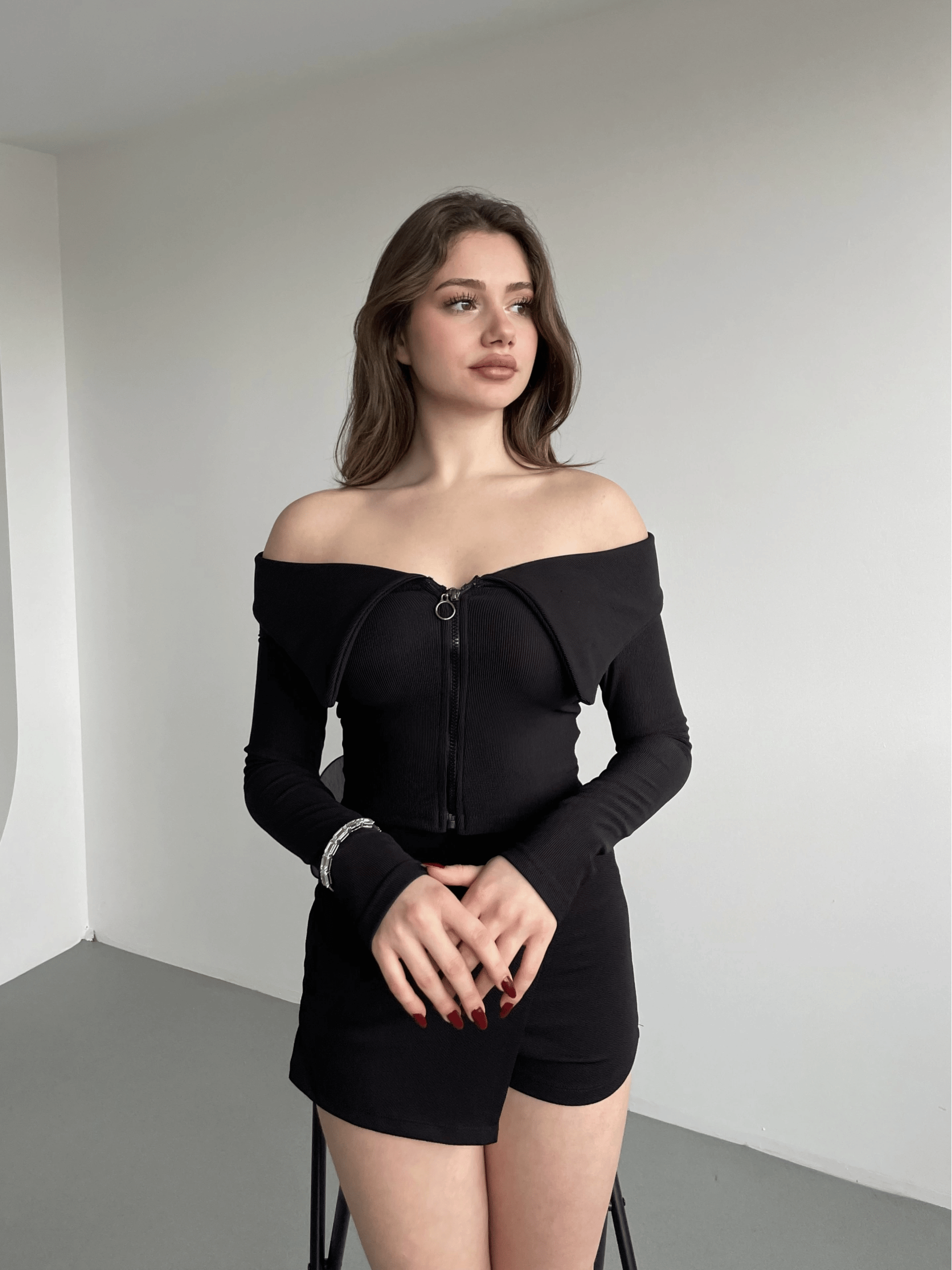 Fermuarlı Şal Yaka Crop