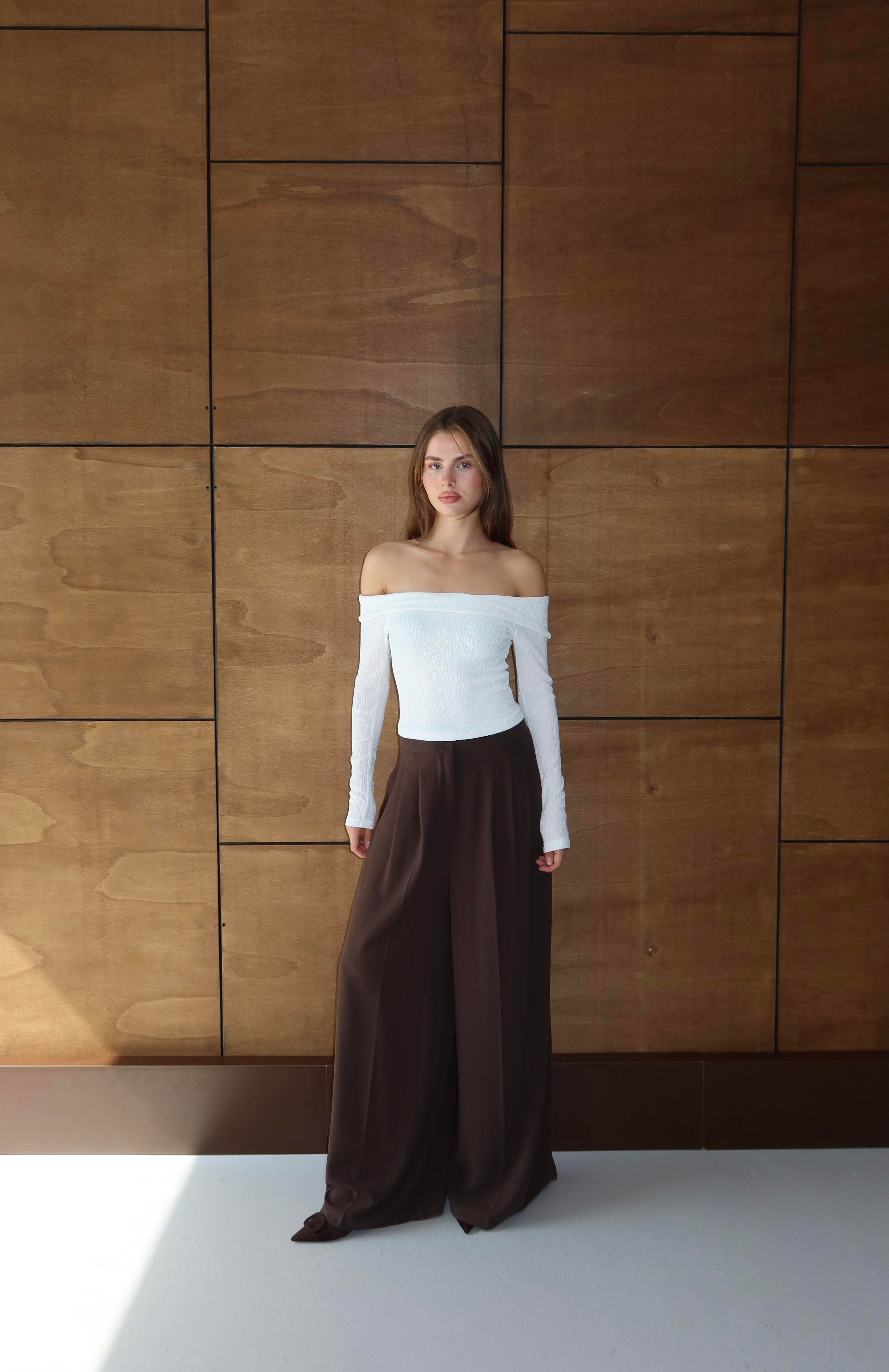 Fitilli Uzun Kollu Crop Beyaz 