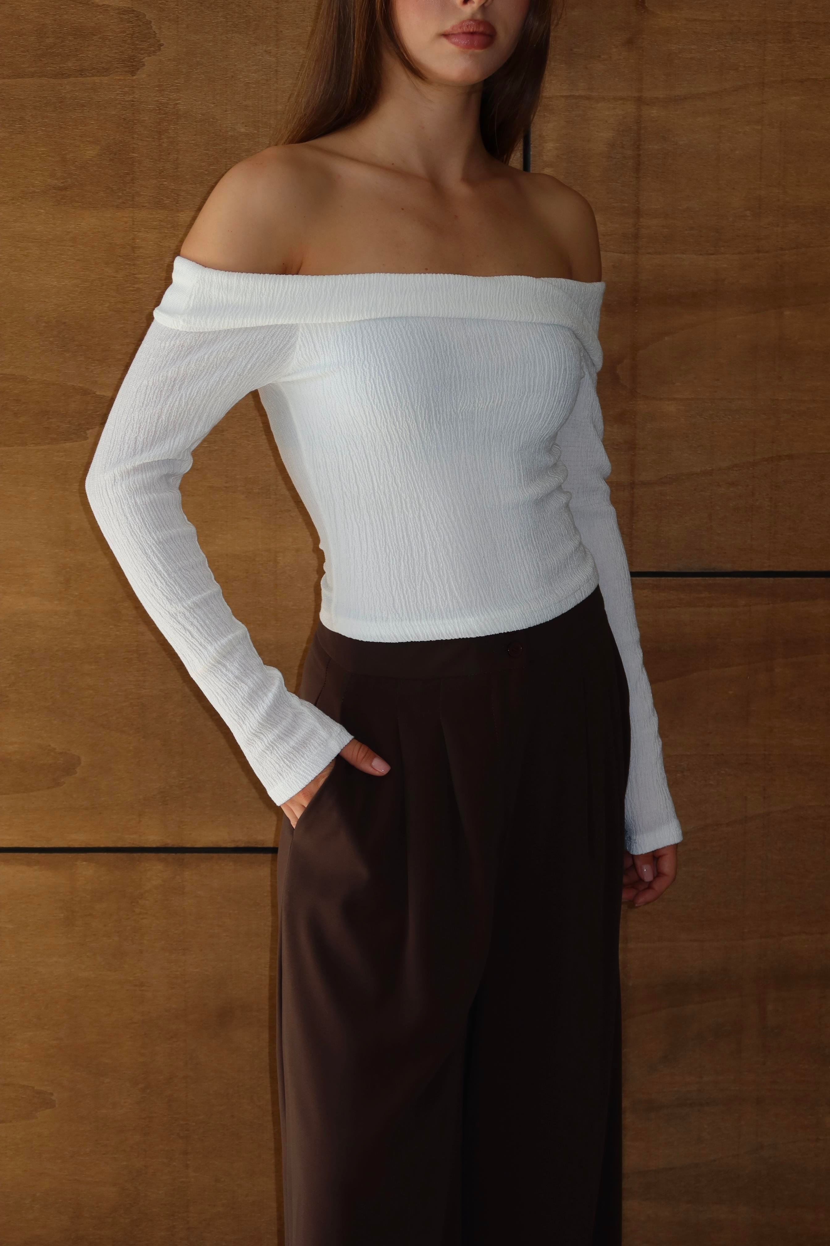 Fitilli Uzun Kollu Crop Beyaz 