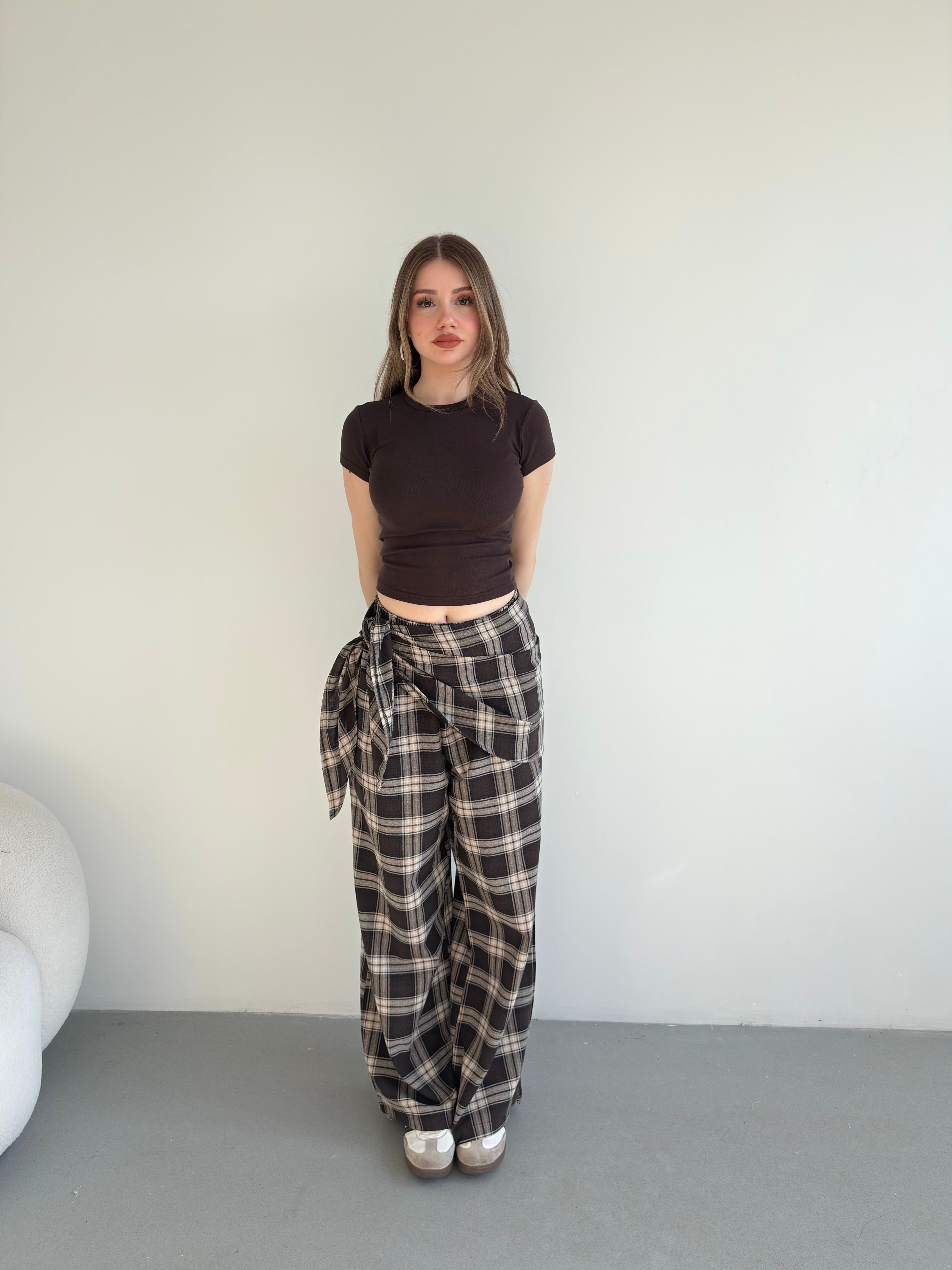 Fularlı Keten Ekose Pantolon