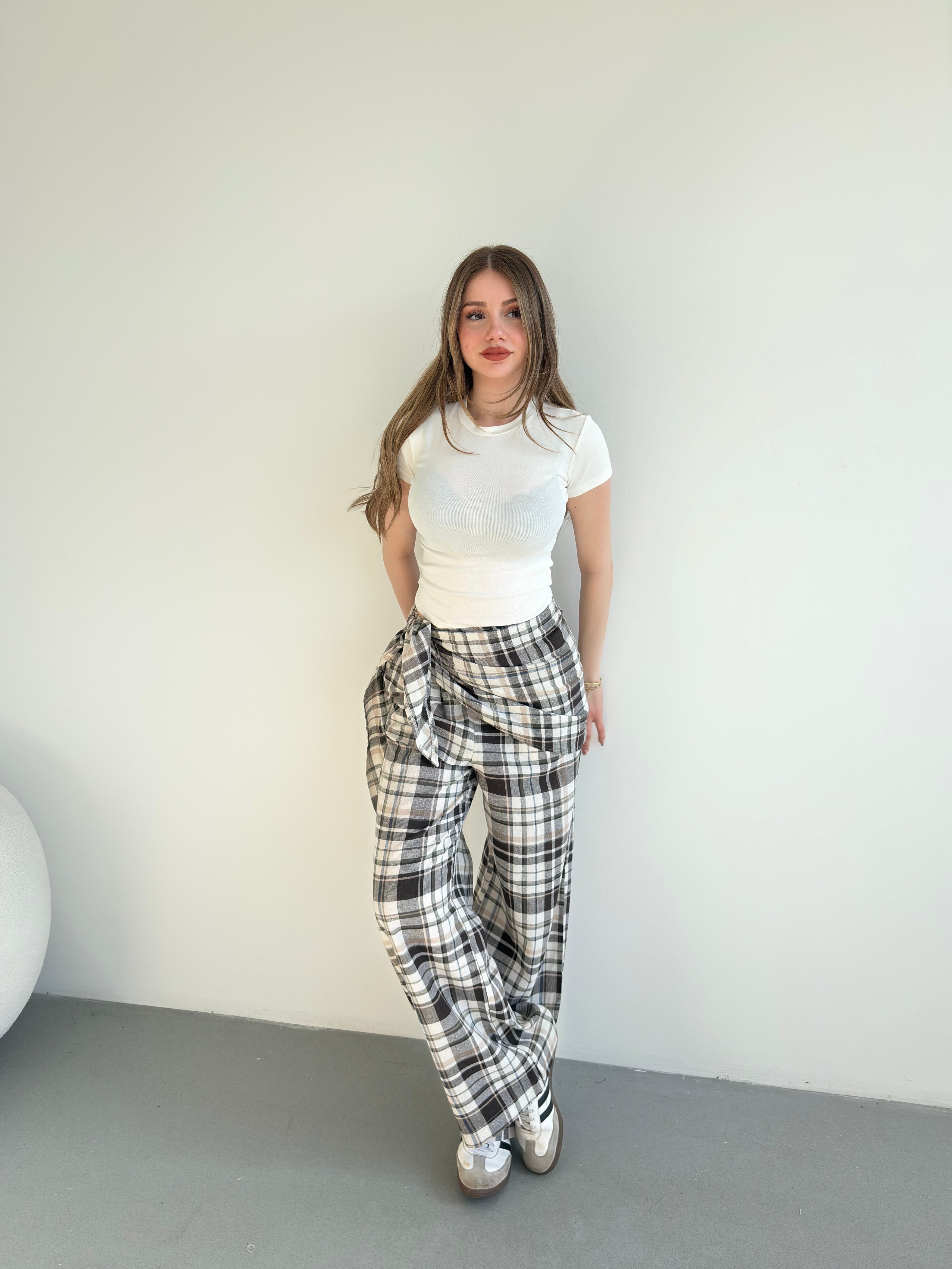 Fularlı Keten Ekose Pantolon