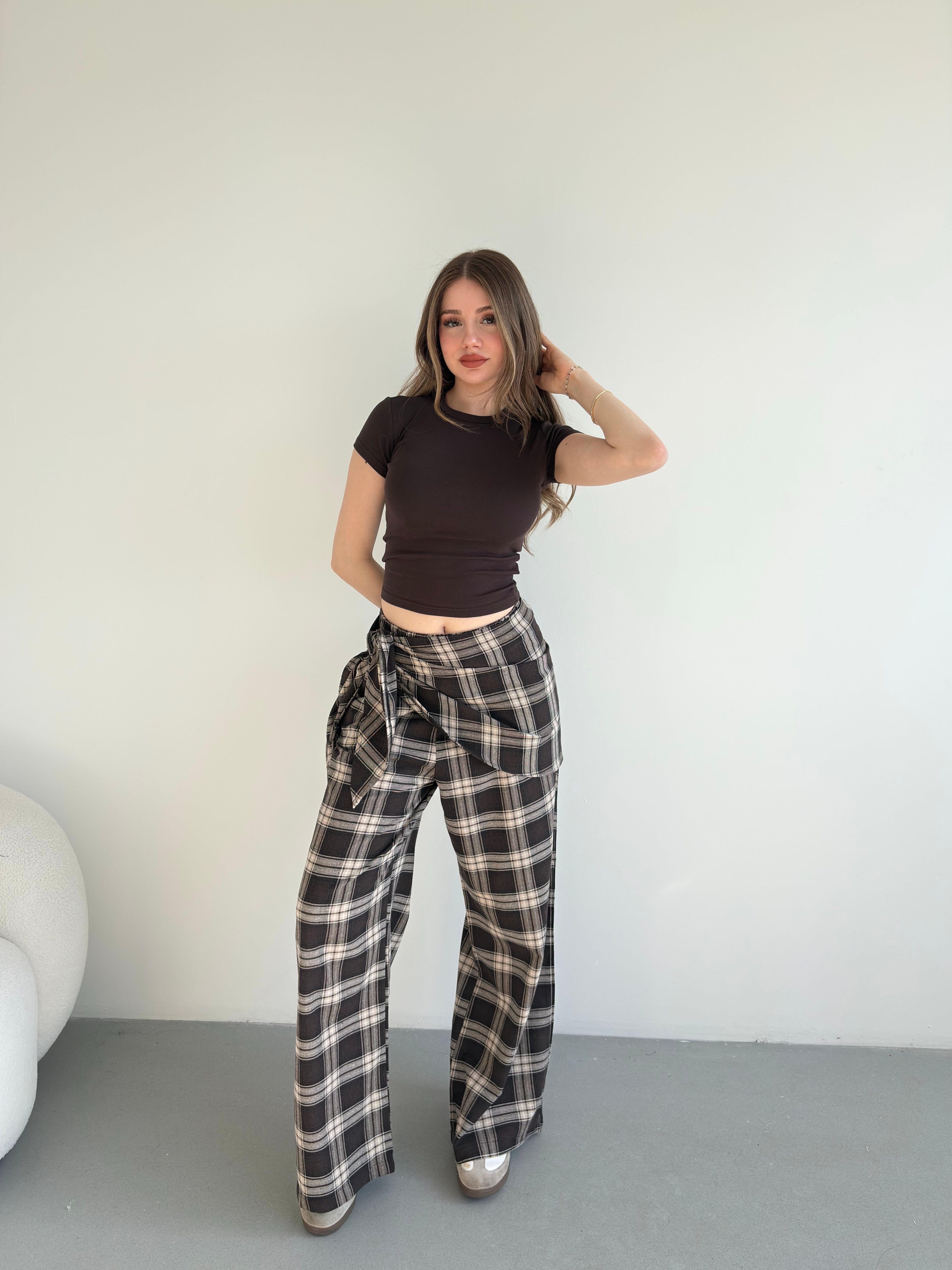 Fularlı Keten Ekose Pantolon
