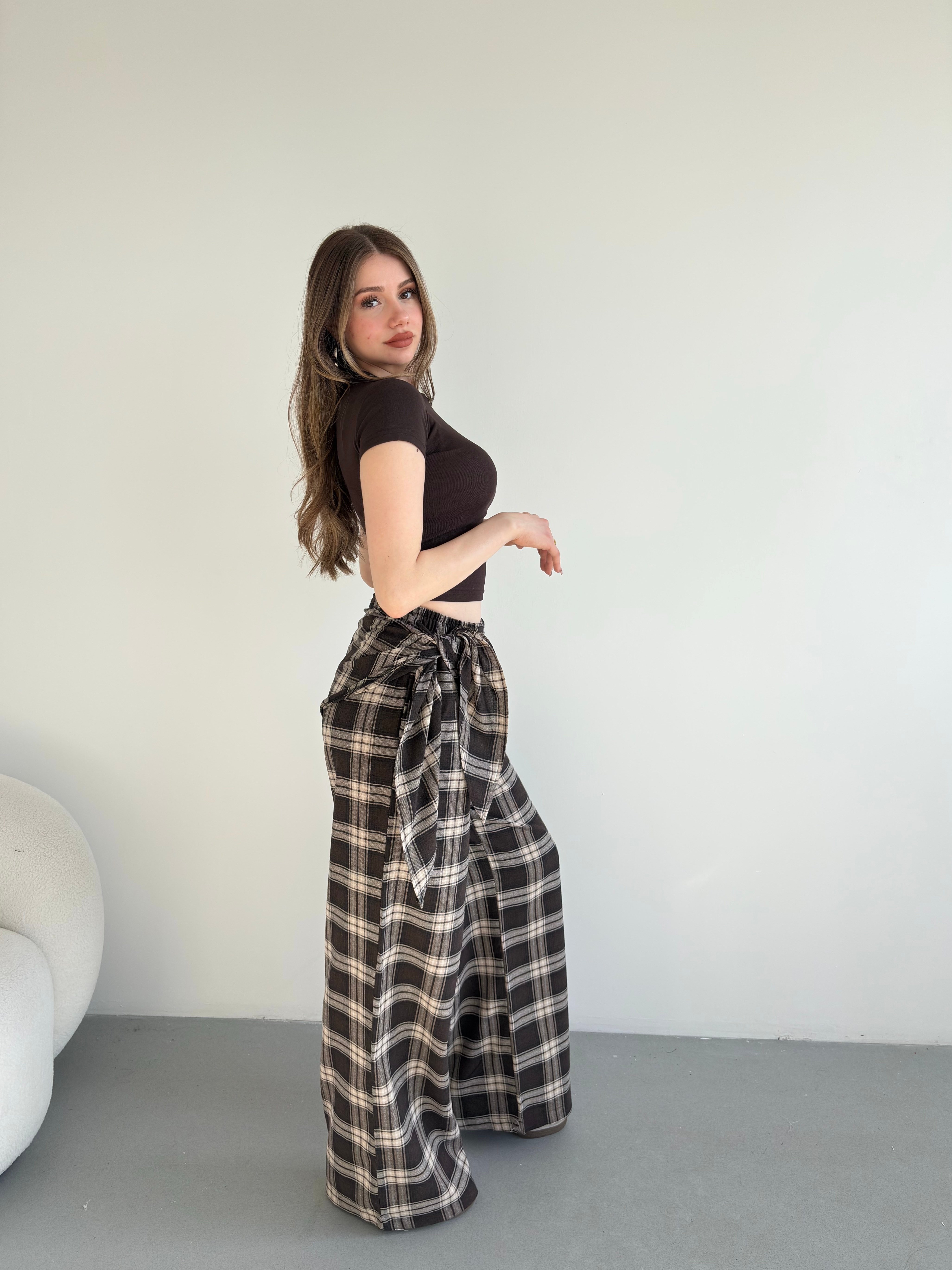Fularlı Keten Ekose Pantolon
