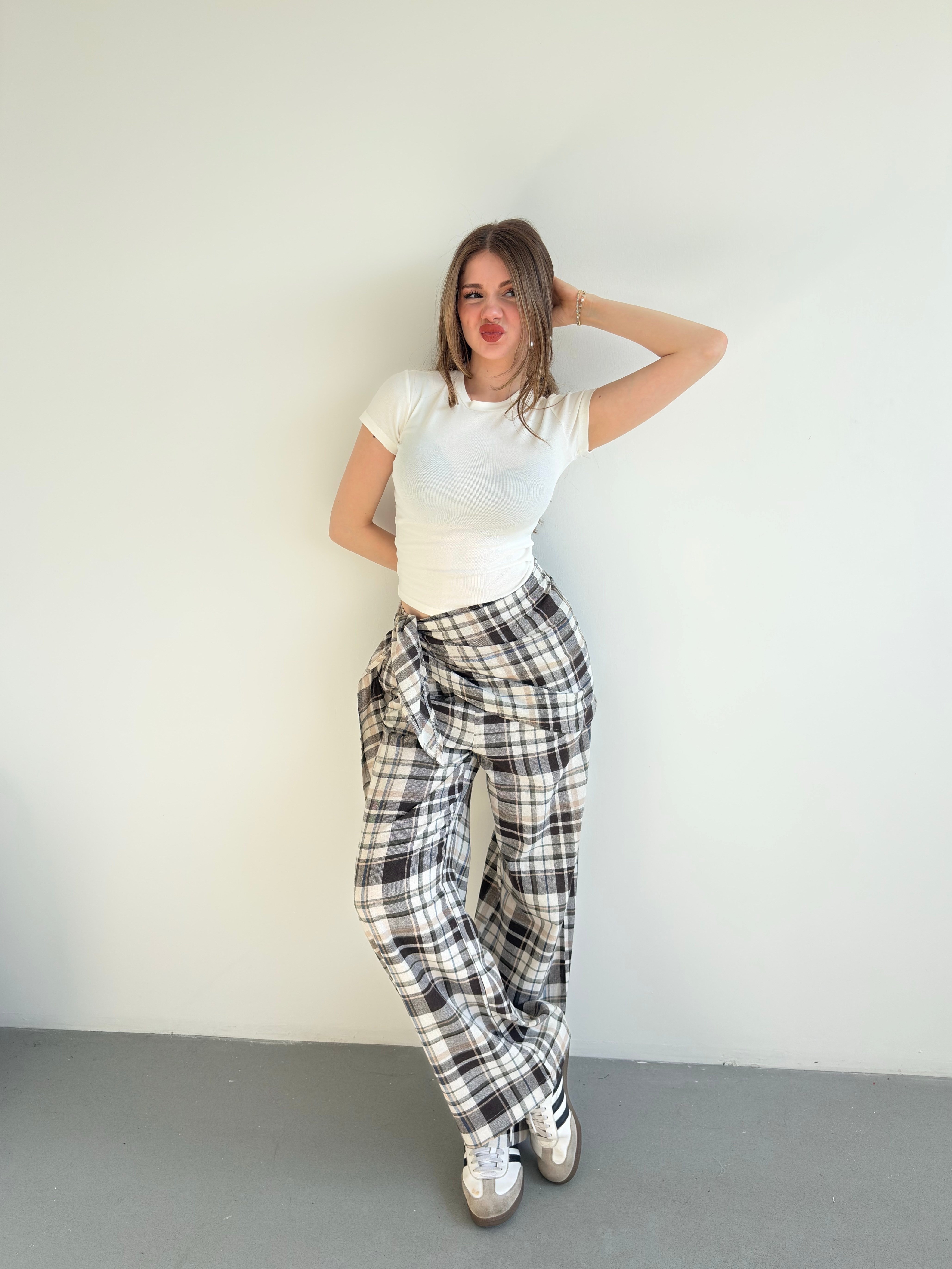 Fularlı Keten Ekose Pantolon