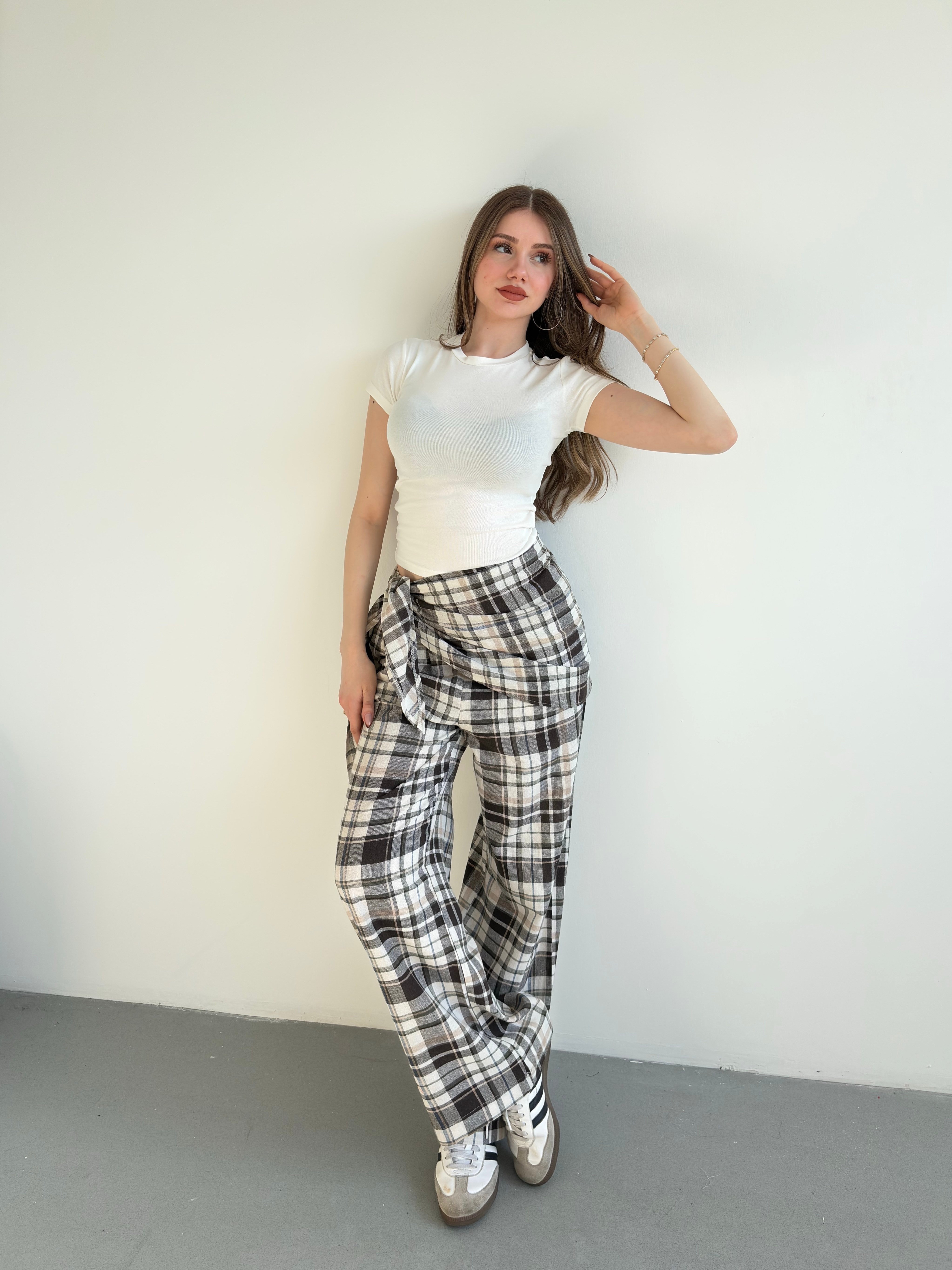 Fularlı Keten Ekose Pantolon