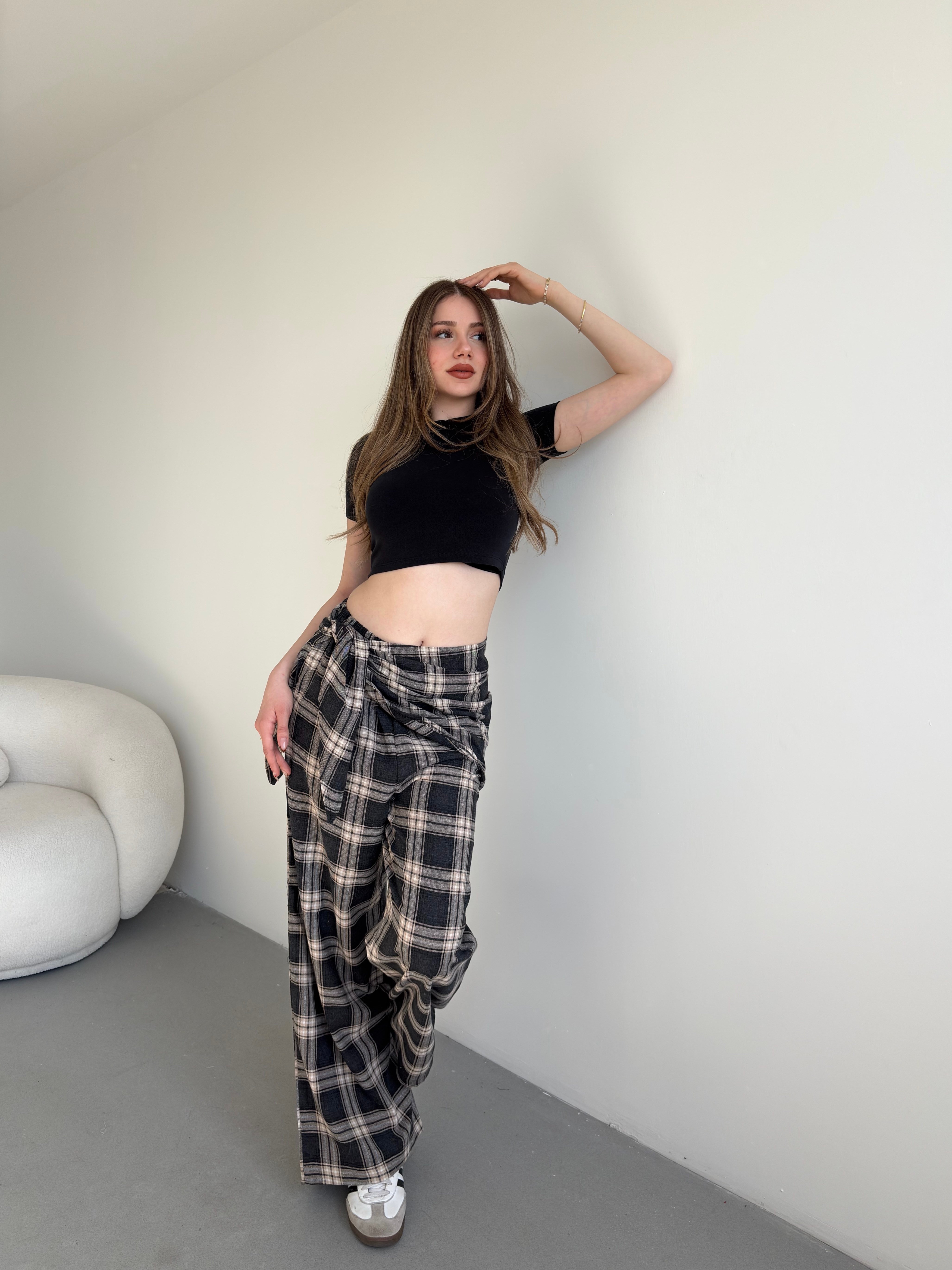 Fularlı Keten Ekose Pantolon