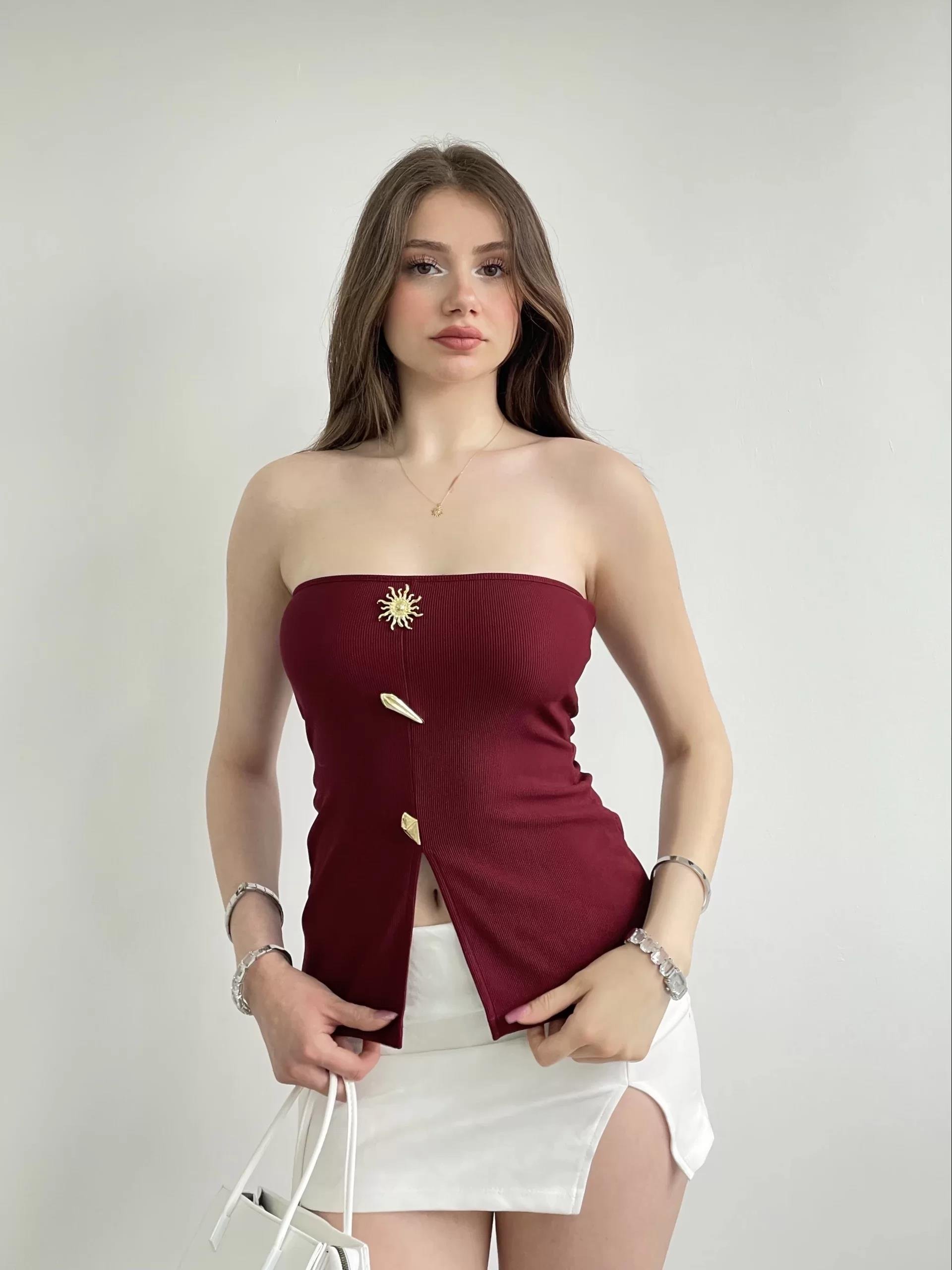 Gold Düğmeli Straplez Bluz
